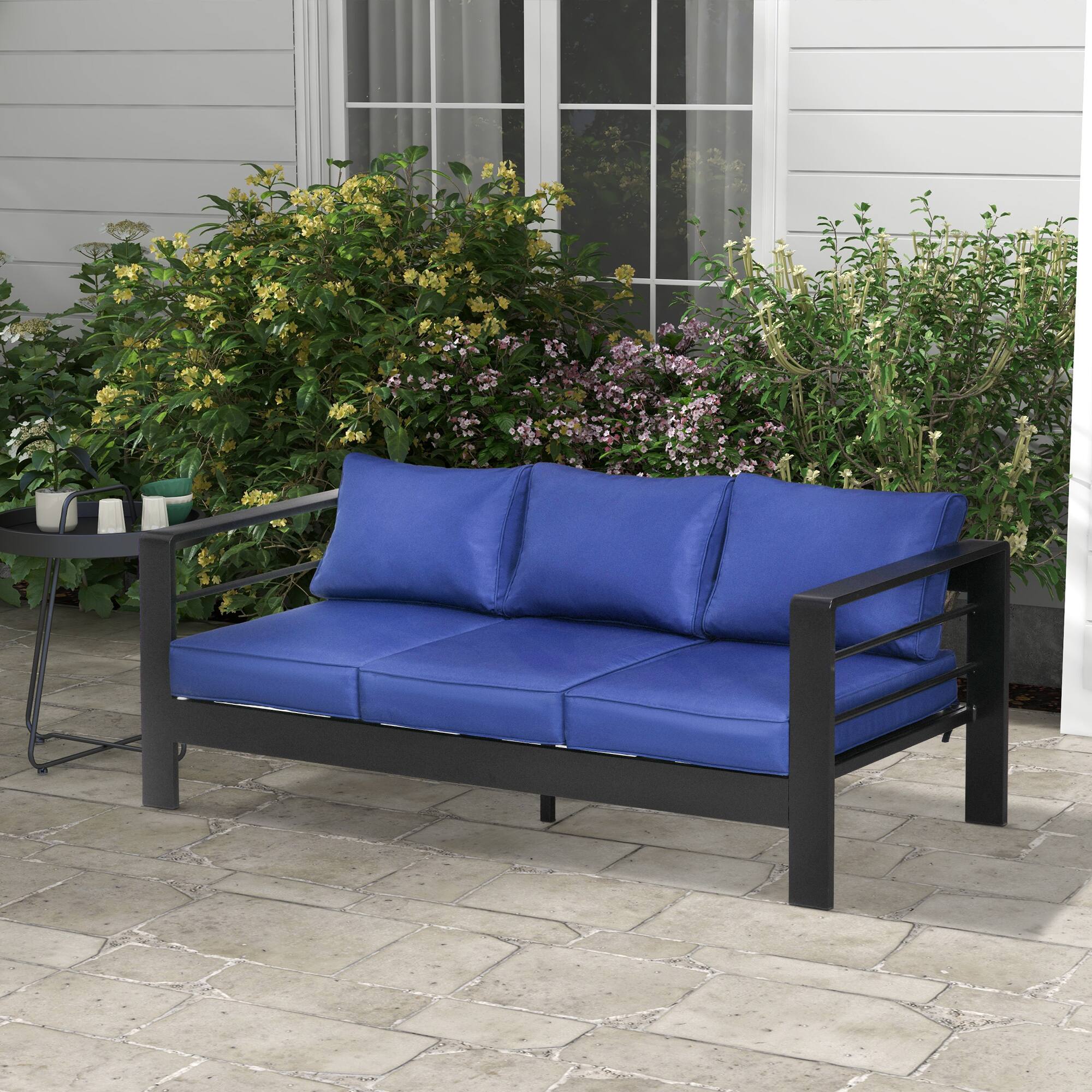 Alt View 1. Outsunny - 69" Modern Patio Furniture with Thick Padded Cushions, 3 Seater Aluminum Outdoor Sofa with Wide Armrests - Navy Blue.