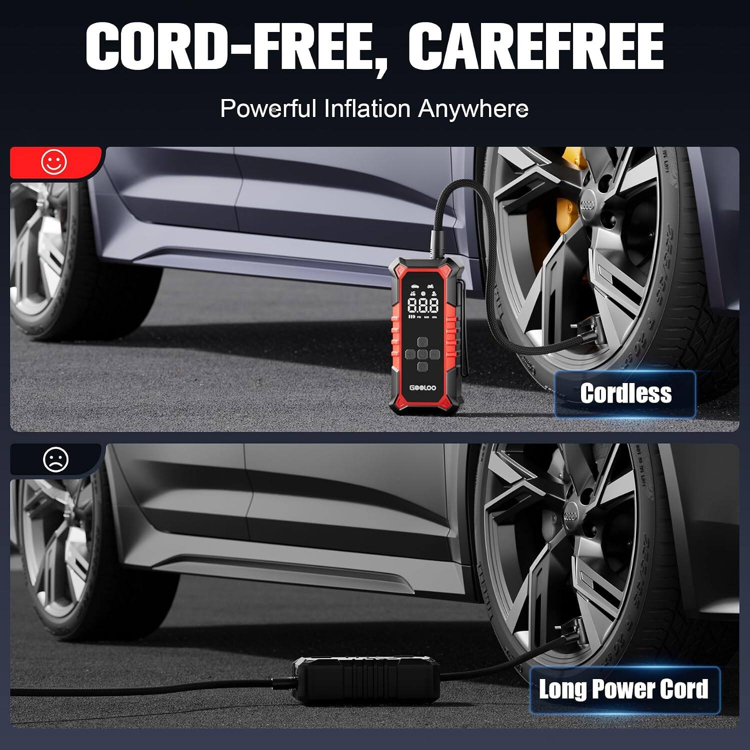 CORD-FREE, CAREFREE  
Powerful Inflation Anywhere  

Cordless  
Long Power Cord