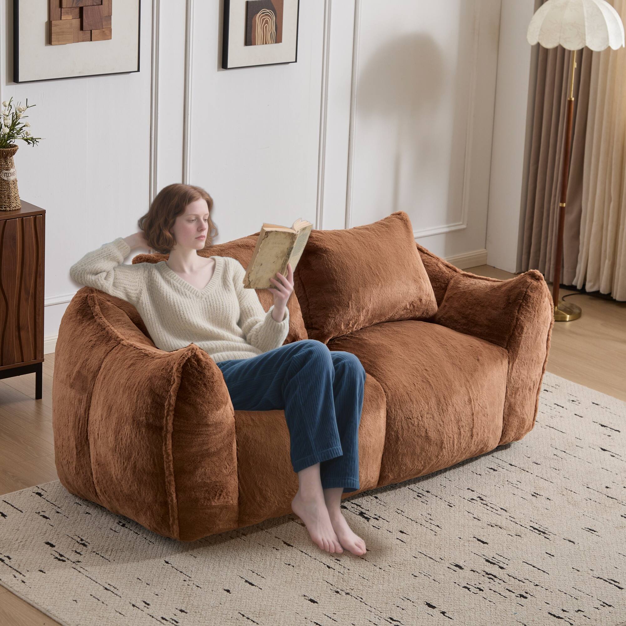 Left. Boyel Living - Oversized 2-Person Foam-Filled Bean Bag Sofa with Pillows - Brown.