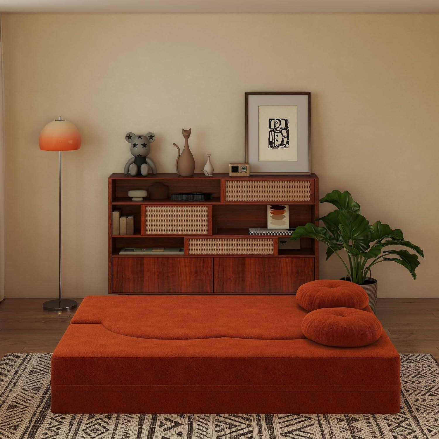 Alt View 3. Trinkets Crazed - 2-in-1 Folding Sofa Bed, Convertible Floor Couch with Full Size Folding Mattres - orange.