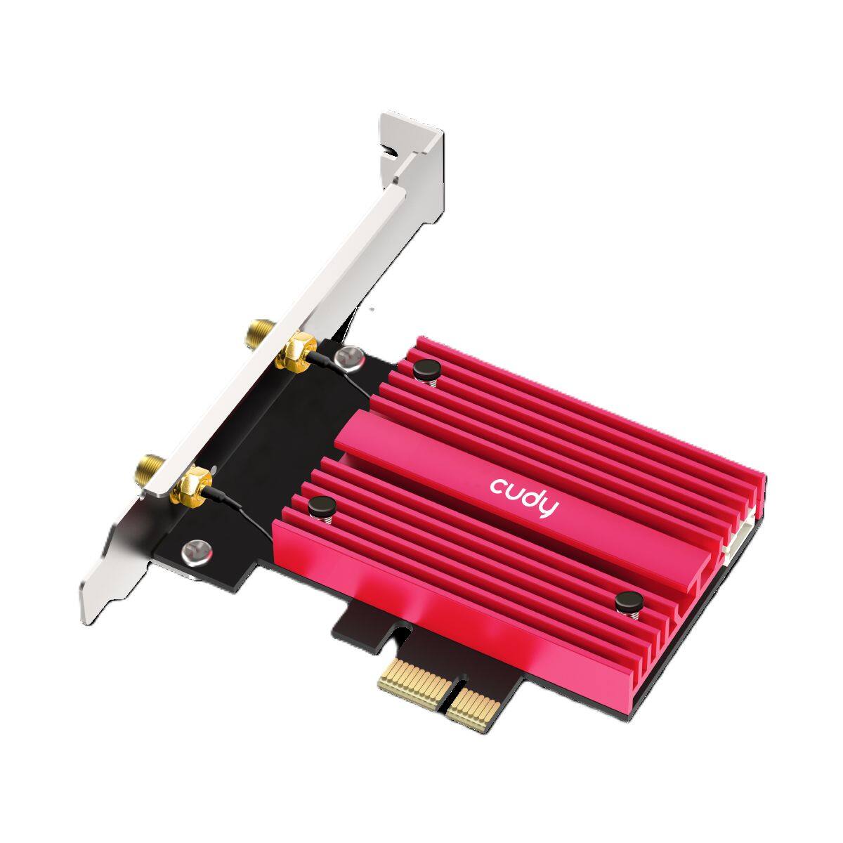 Angle. Cudy - WiFi 7 BE9300 PCIe Wi-Fi Card, 6GHz Tri-Band Wireless Adapter, Bluetooth 5.4, WPA3, Easy Installation,Intel BE200 - Red and Metal.