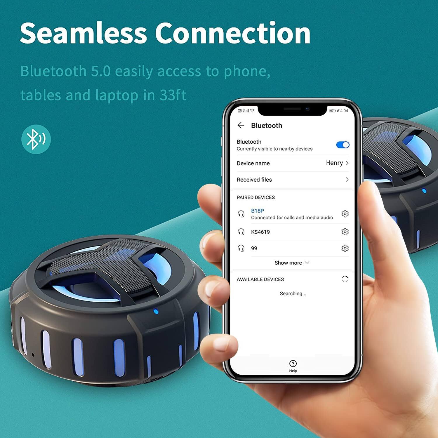 Seamless Connection

Bluetooth 5.0 easily access to phone, tables and laptop in 33ft

Bluetooth  
Currently visible to nearby devices  
Device name: Henry  
Received files  

PAIRED DEVICES  
B18P - Connected for calls and media audio  
KS4619 - 99  

Show more  

AVAILABLE DEVICES  
Searching...