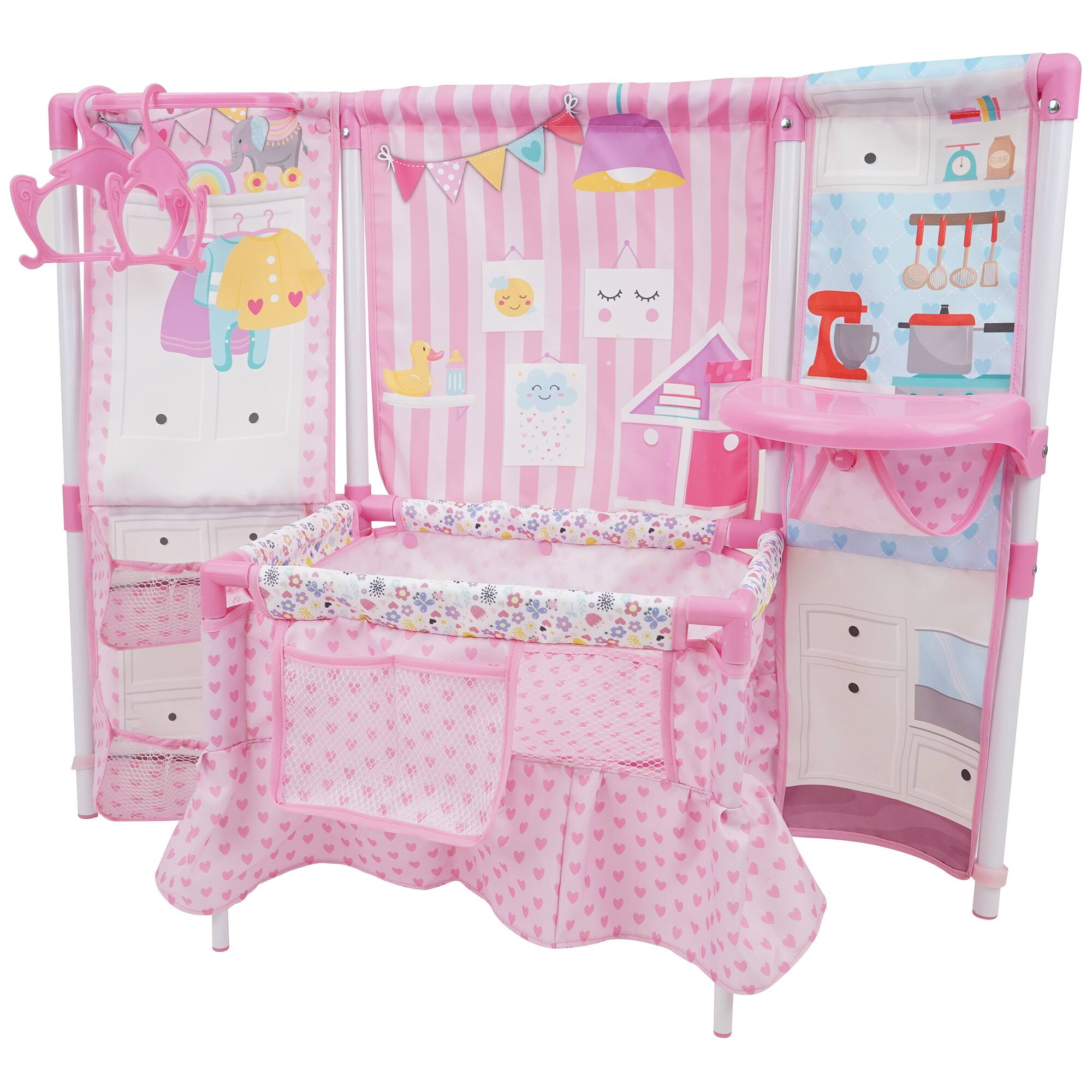 Angle. 509 Crew - 509 Crew - Doll Furniture Set W/ 14" Baby Doll, Built in Highchair & Play Yard, Accessories.