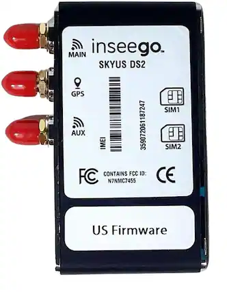 inseego™
SKYUS DS2
MAIN
GPS
AUX
IMEI: 359072061187247
SIM1
SIM2
CONTAINS FCC ID: N7NMC7455
FC
CE
US Firmware