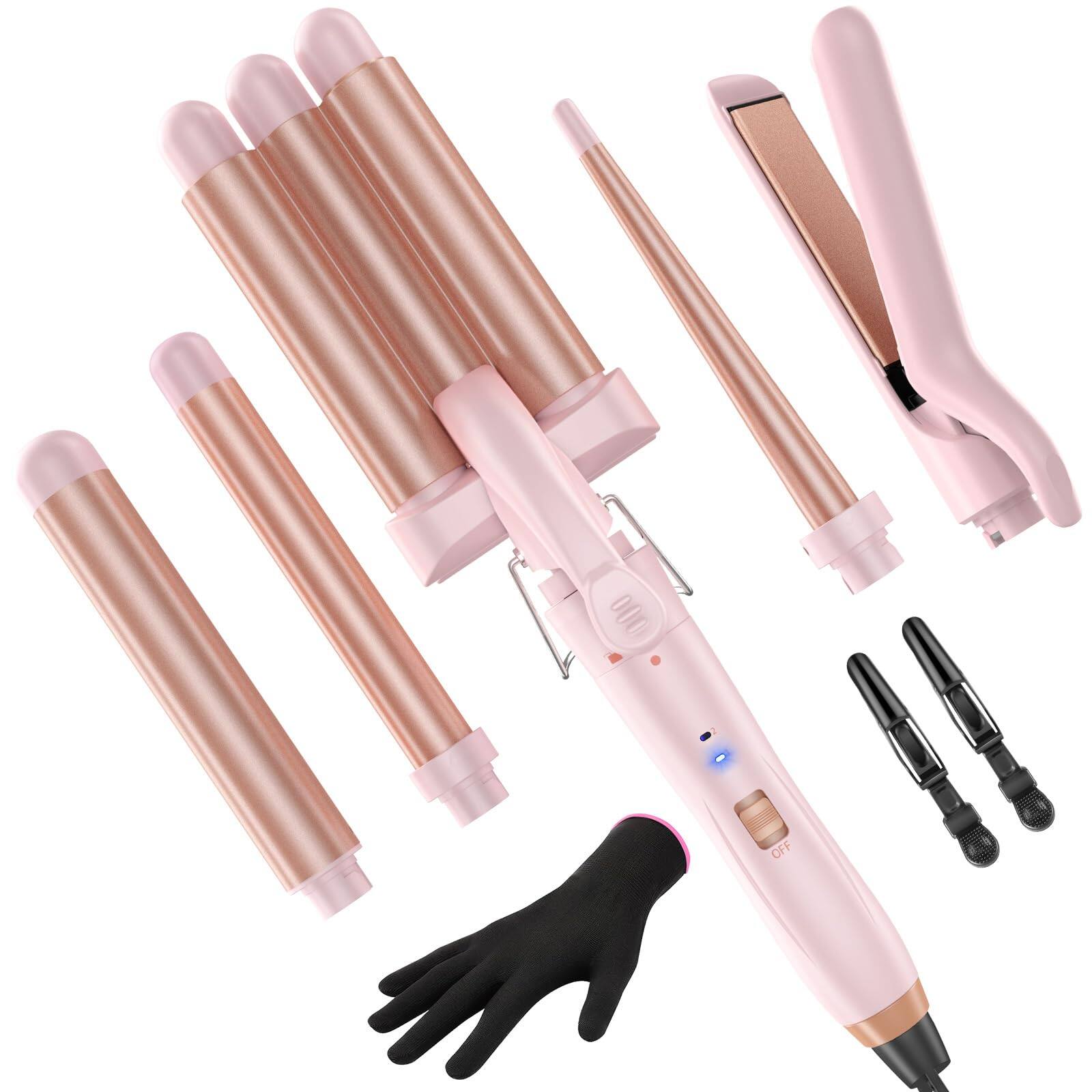 Front. Live At Space - 5 In 1 Wand Curling Iron- Set With Flat Iron Hair Straightener 3 Crimper 3 Ceramic Irons (0.35"-1.25") 2 - Light Pink Curling Iron Set（0.35"-1.25"）.