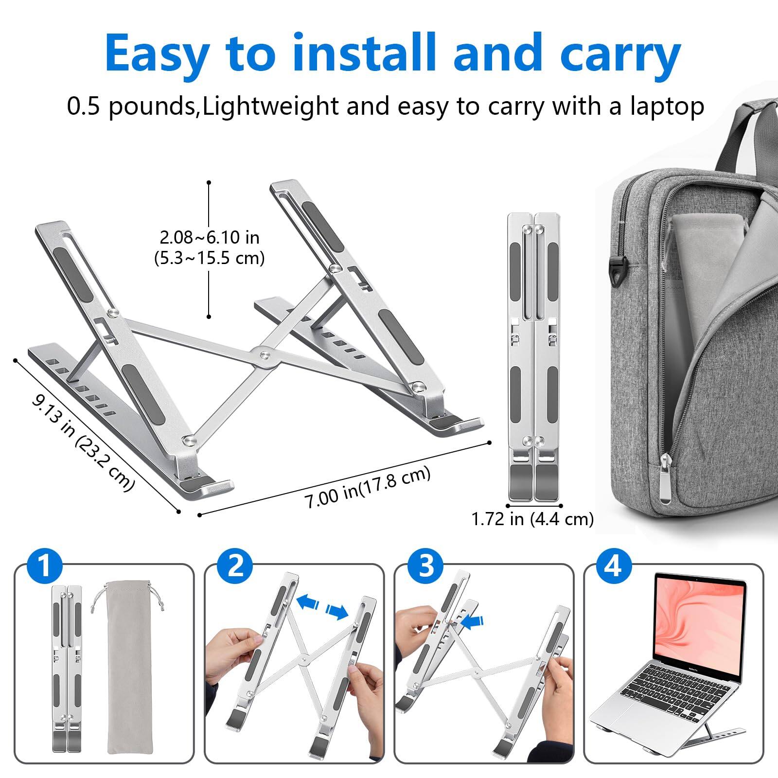 Easy to install and carry  
0.5 pounds, Lightweight and easy to carry with a laptop  

2.08~6.10 in (5.3~15.5 cm)  
9.13 in (23.2 cm)  
7.00 in (17.8 cm)  
1.72 in (4.4 cm)  

1  
2  
3  
4  

E  
E