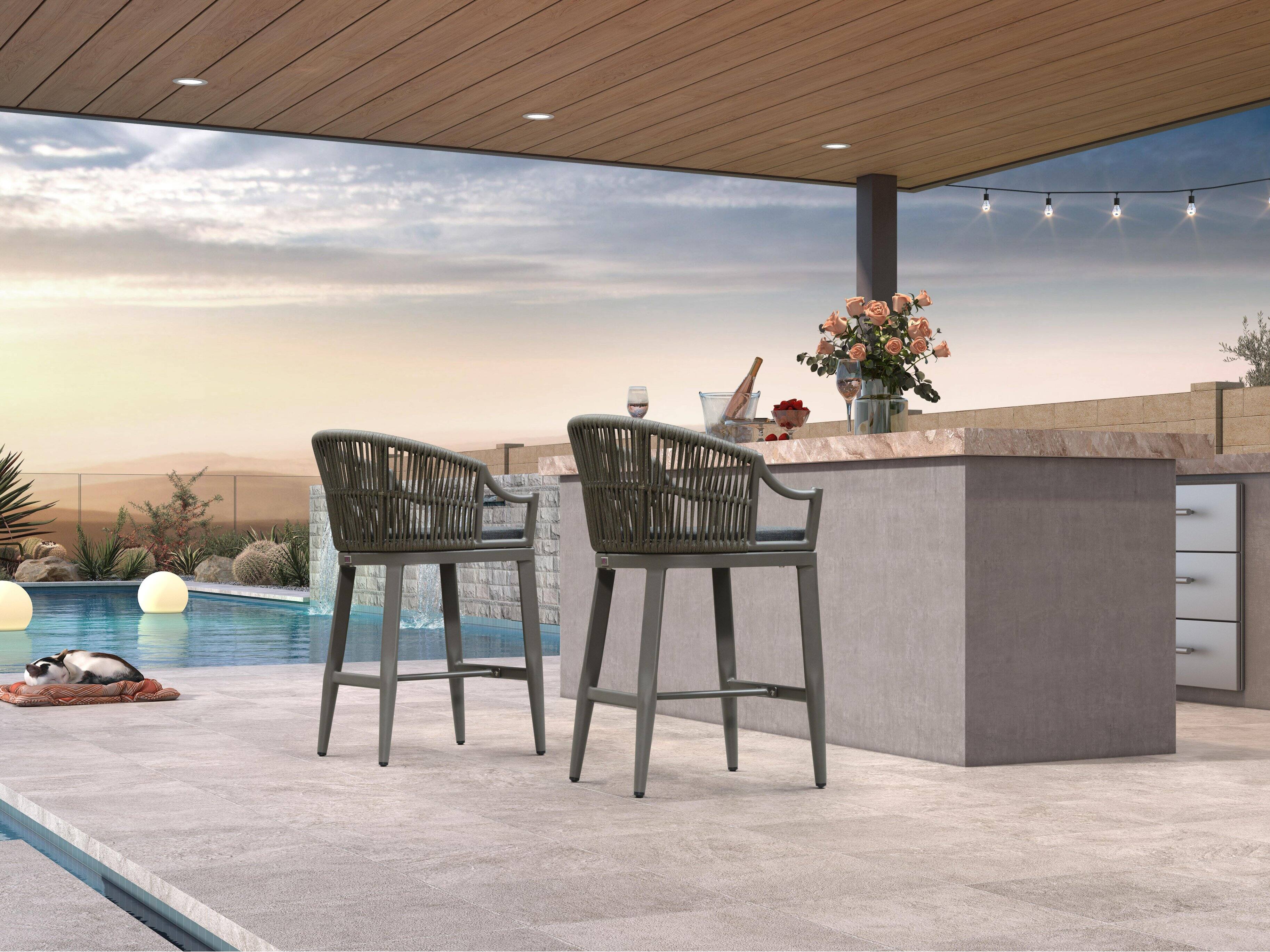 Alt View 2. PURPLE LEAF - Patio Counter Height Set of 2 Outdoor Rattan Chairs with Back Modern Aluminum Woven Barstools for Garden Indoor Kitchen - Smoke Grey-Counter Stool.