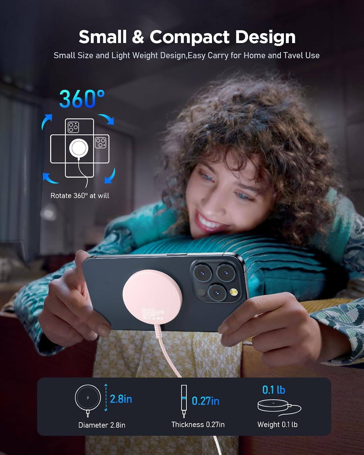 Small & Compact Design  
Small Size and Light Weight Design, Easy Carry for Home and Travel Use

360°  
Rotate 360° at will

2.8in  
Diameter 2.8in

0.27in  
Thickness 0.27in

0.1 lb  
Weight 0.1 lb