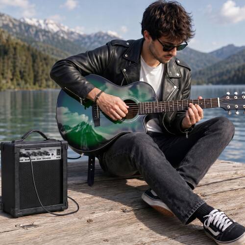 Angle. Winado - Full-Size JF Style Cutaway Acoustic Electric Guitar with Amp, Basswood Body, 41in for Beginners With Gig Bag - Green.