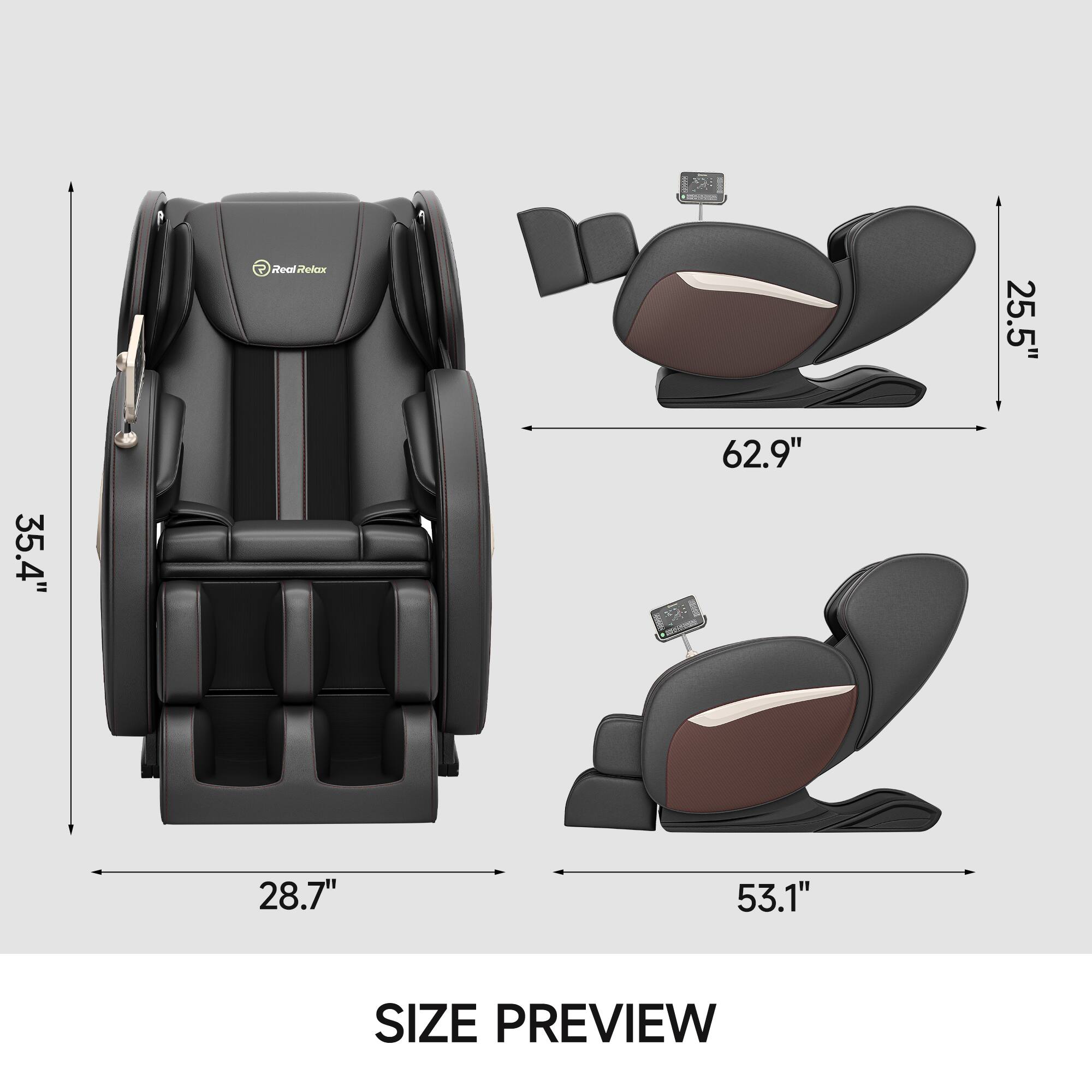 - Height: 35.4"
- Width: 28.7"
- Depth: 62.9"
- Footrest Height: 25.5"
- Footrest Width: 53.1"

SIZE PREVIEW