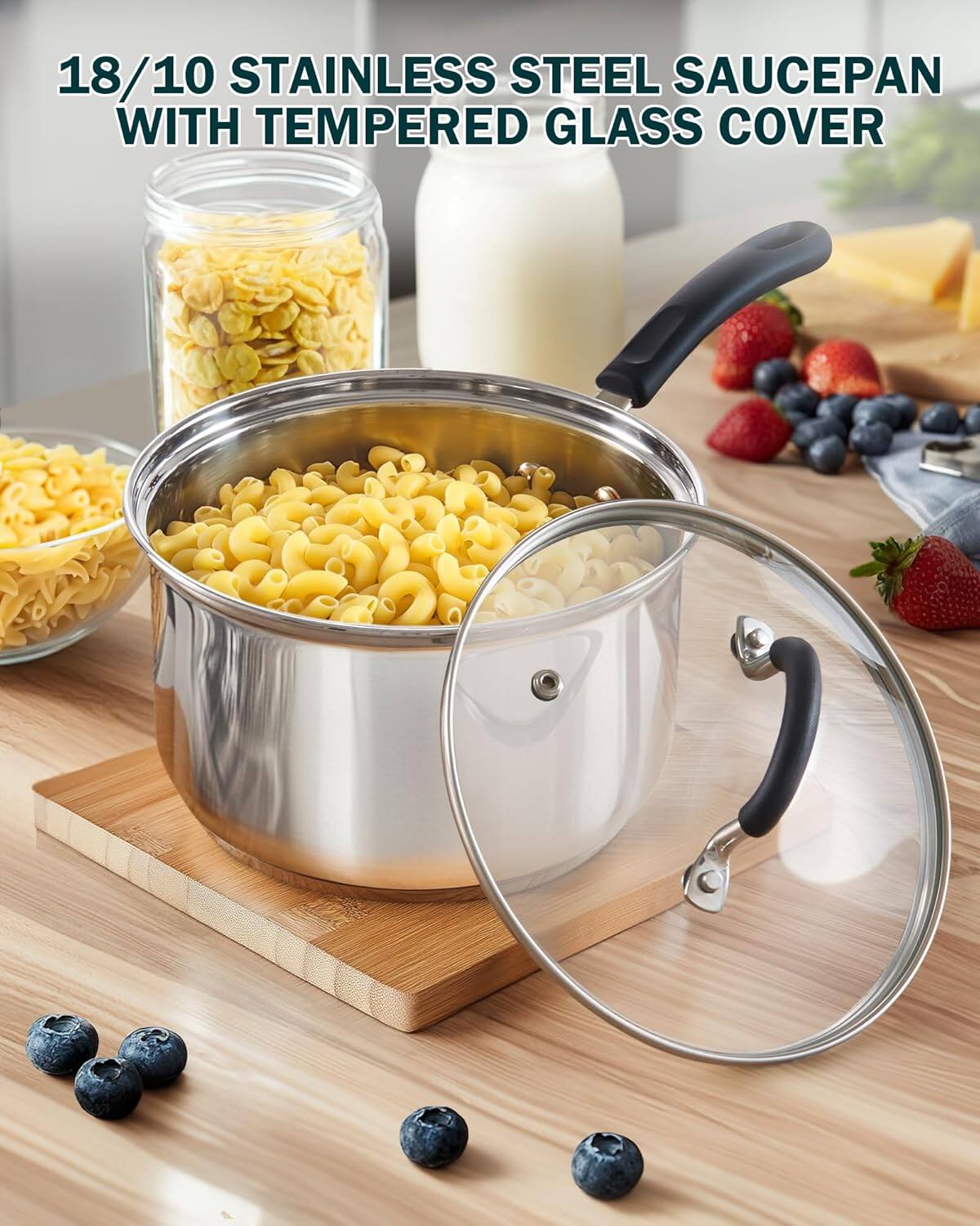 18/10 Stainless Steel Saucepan with Tempered Glass Cover