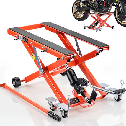 Front. VEVOR - Hydraulic Motorcycle Lift Jack, 1100 lbs Capacity, Scissor Lift Jack Portable Motorcycle Hoist Stand with 6 Wheels - Orange;Black.