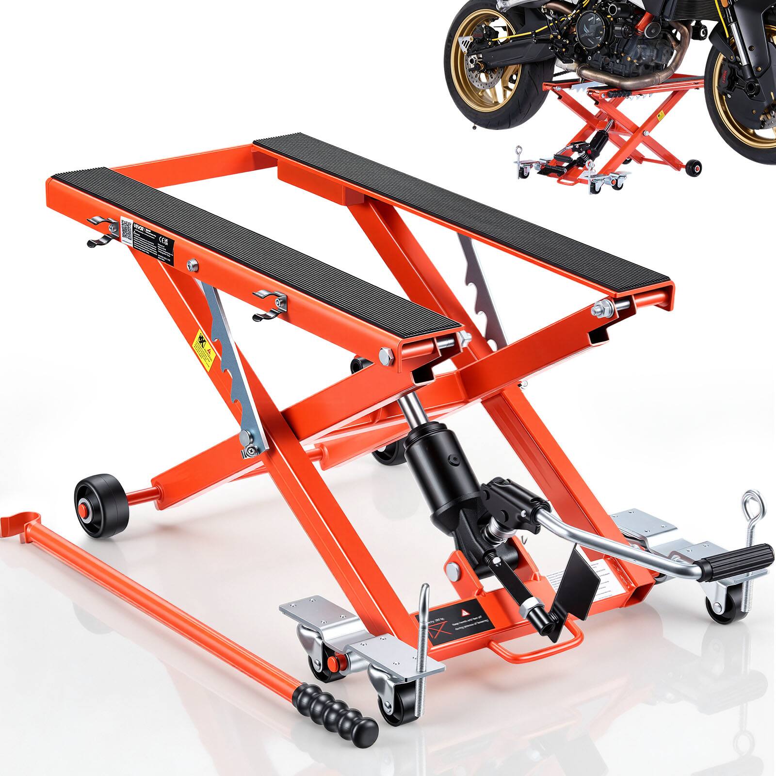 Front. VEVOR - Hydraulic Motorcycle Lift Jack, 1100 lbs Capacity, Scissor Lift Jack Portable Motorcycle Hoist Stand with 6 Wheels - Orange;Black.