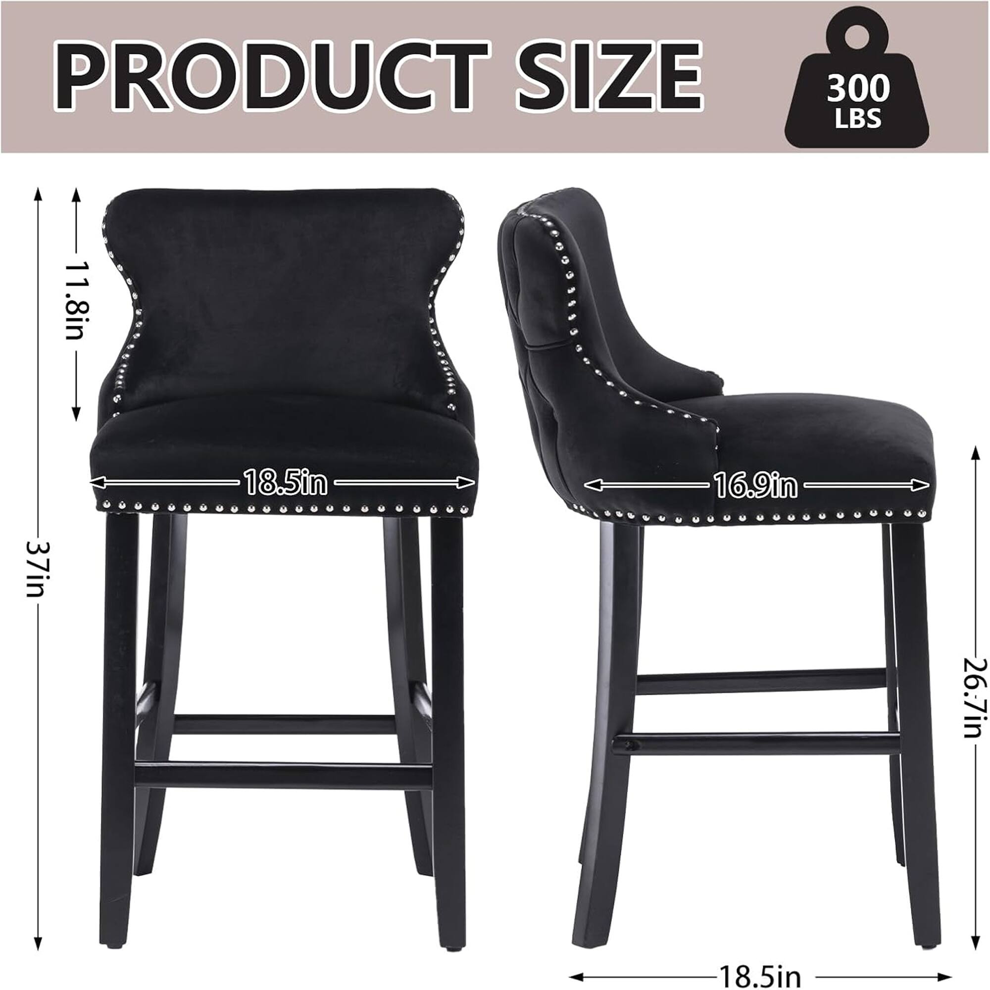 PRODUCT SIZE  
300 LBS  

- Height: 37in  
- Seat Height: 26.7in  
- Width: 18.5in  
- Depth: 16.9in  
- Back Height: 11.8in