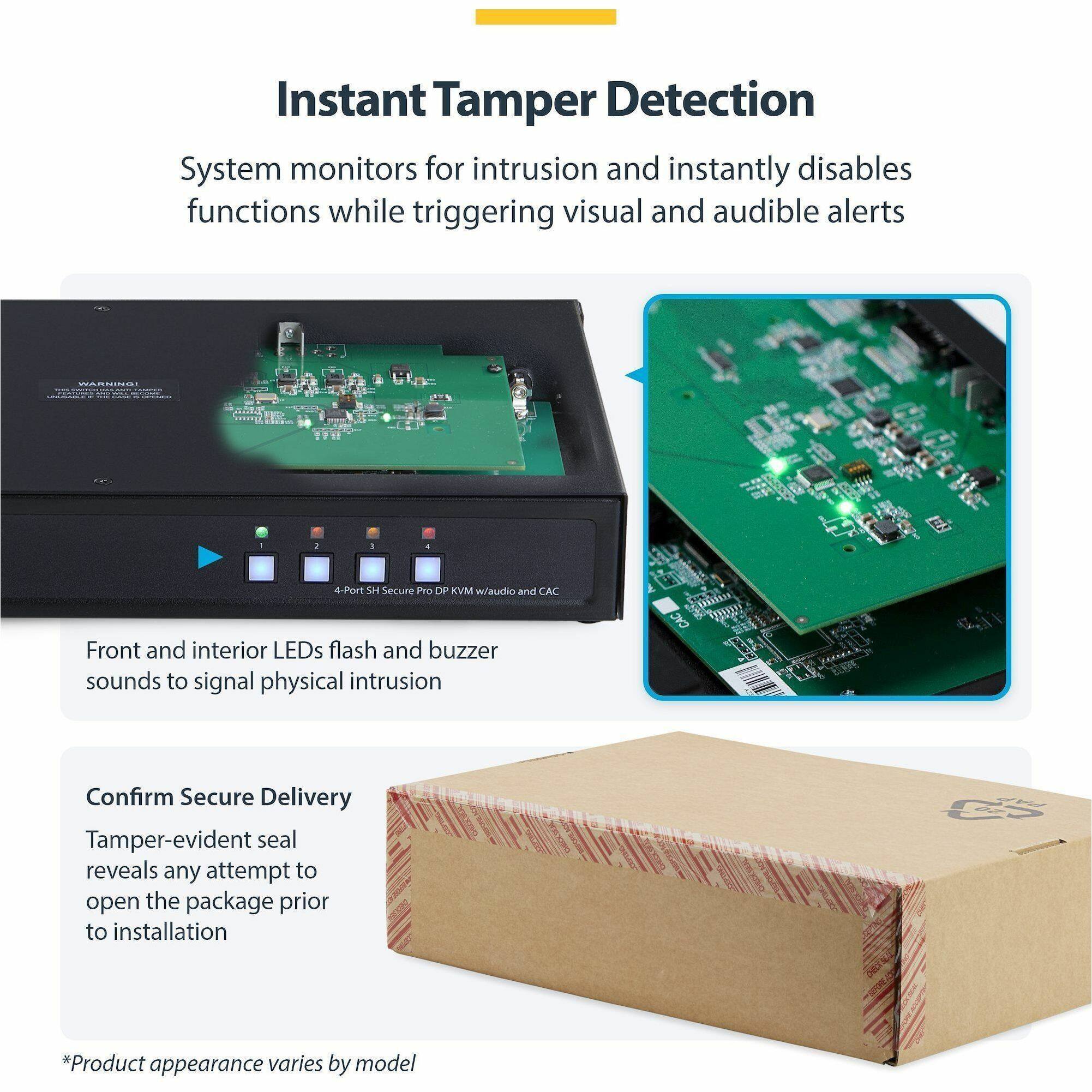Instant Tamper Detection System monitors for intrusion and instantly disables functions while triggering visual and audible alerts

WARNING!

FESTERIES
1

4-Port SH Secure Pro DP KVM w/audio and CAC

Front and interior LEDs flash and buzzer sounds to signal physical intrusion

Confirm Secure Delivery
Tamper-evident seal reveals any attempt to open the package prior to installation

*Product appearance varies by model