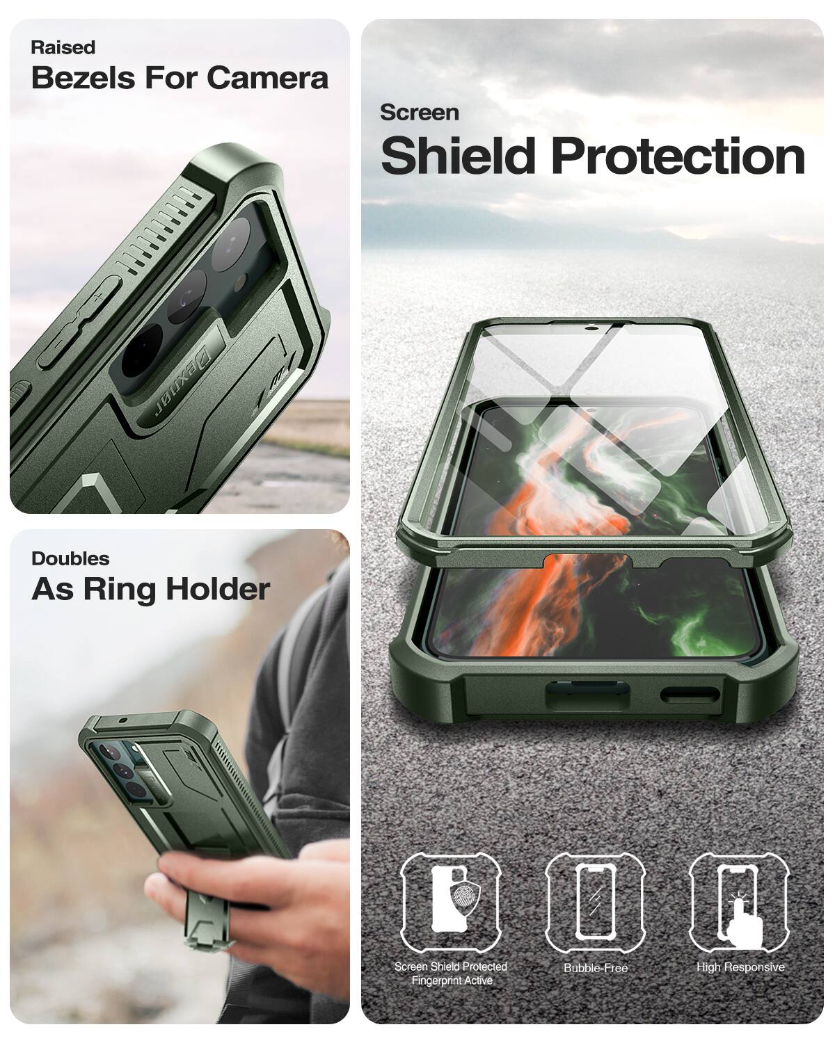 Raised Bezels For Camera  
Screen Shield Protection  
Doubles As Ring Holder  

Screen Shield Protected  
Bubble-Free  
High Responsive  
Fingerprint Active