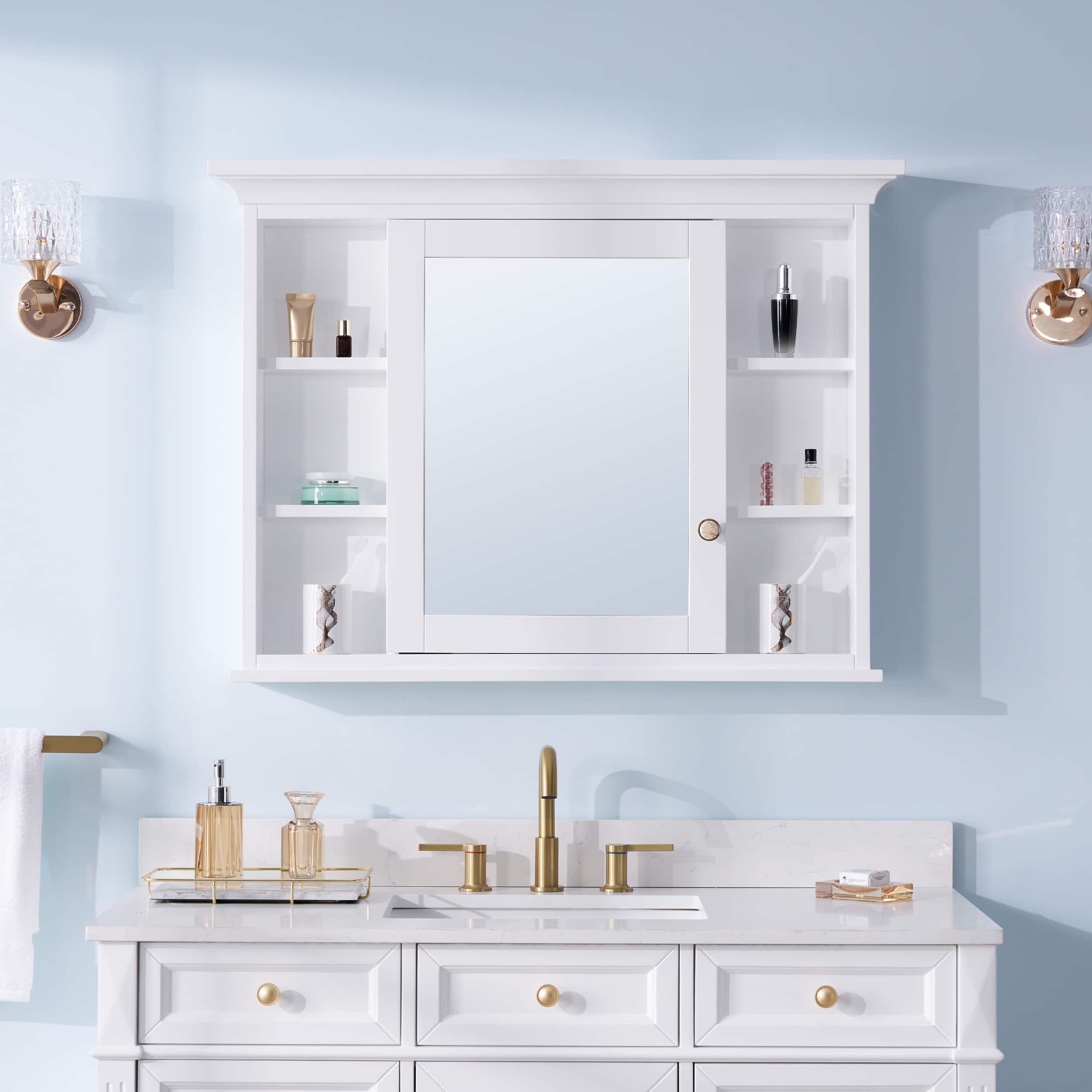 WELLFOR - 40 in. W x 30 in. H Rectangular Solid Wood Medicine Cabinet with Mirror with Single Door - White price history on PriceWatchPro