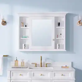 WELLFOR - 40 in. W x 30 in. H Rectangular Solid Wood Medicine Cabinet with Mirror with Single Door - White