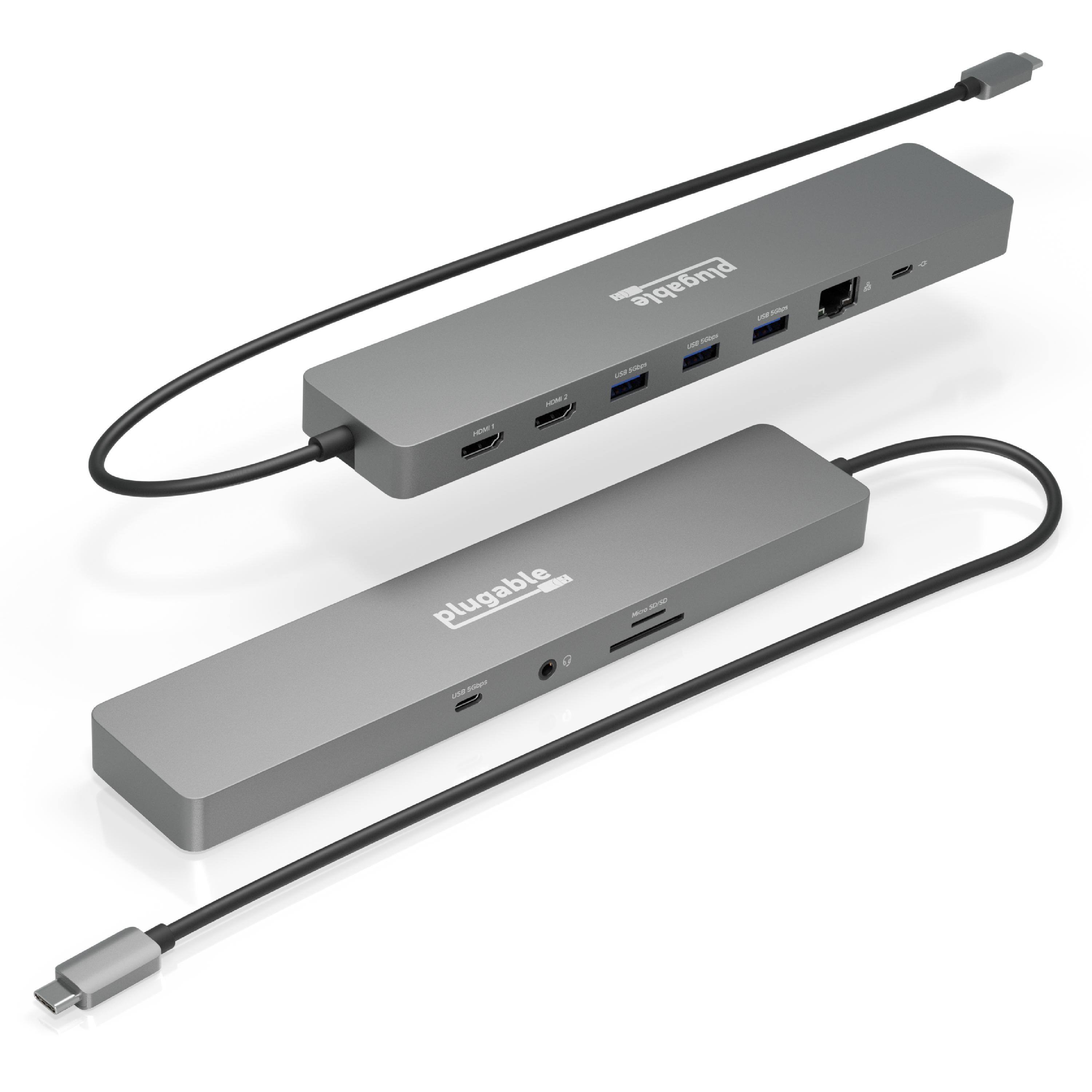 Plugable - 11-in-1 USB-C Hub - 100W USB-C Pass-through - Laptop Docking Station Dual Monitor - 4K 60Hz HDMI - Driverless - Space Gray