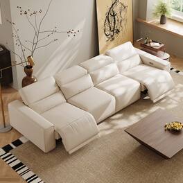 POVISON - 139" Minimalist Power Reclining Modular Sofa, 2 Deep Seat 90°-145° Recline, Pet-friendly Couches, Waterproof, Black - Beige Sustainable Leather
