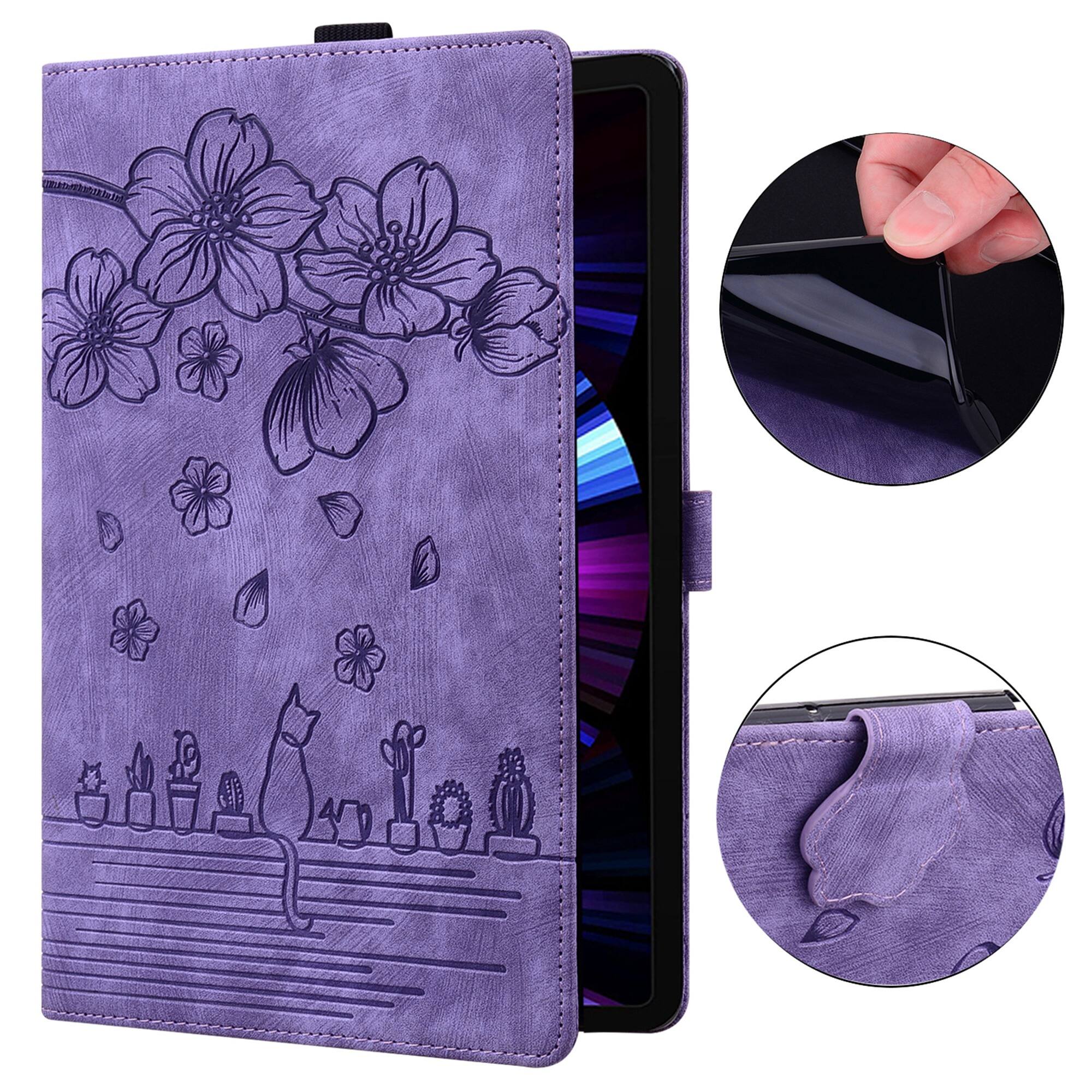 Left. Dteck - For Samsung Galaxy Tab S11 Ultra 14.6-inch Embossed Flower Pattern Folio Case Card Slots Kickstand Cover - Purple.