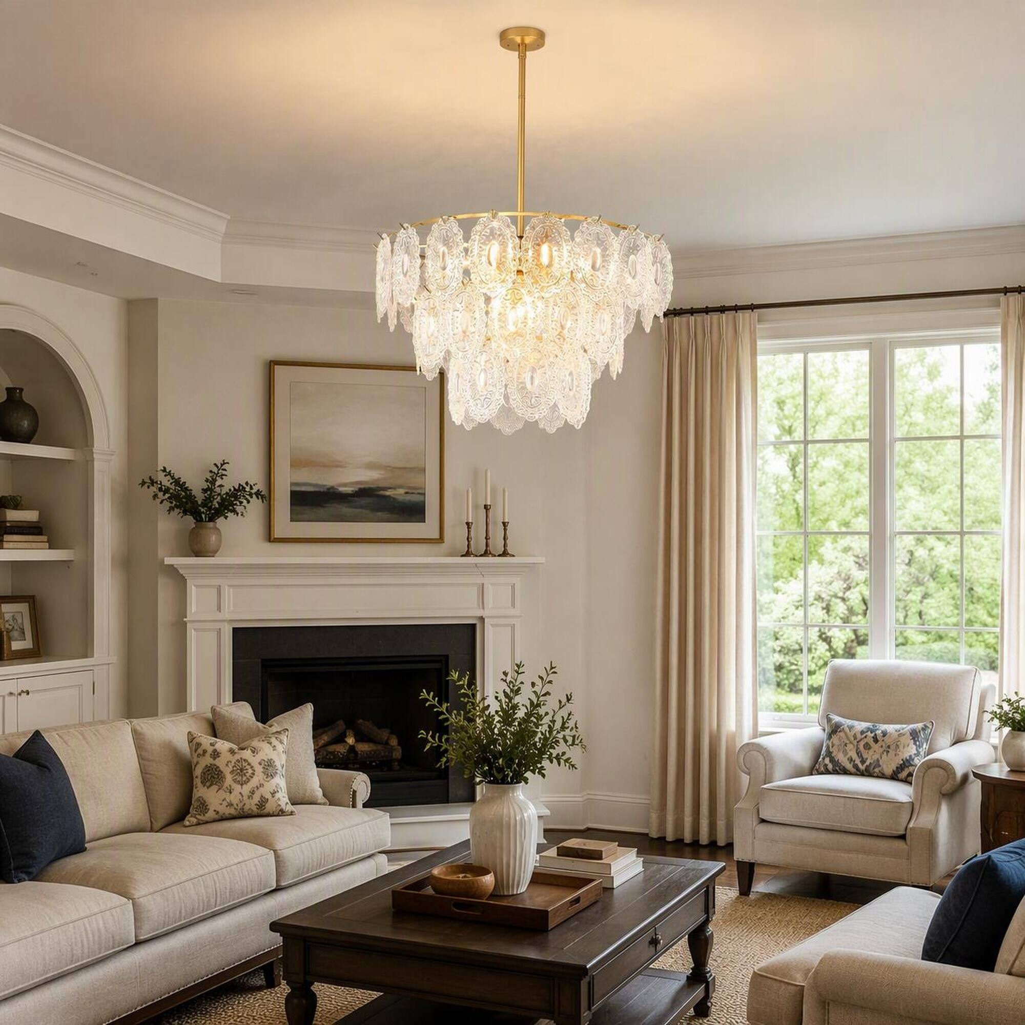 Angle. RYHNUYNE - 9-Light Modern Farmhouse Chandelier for Dining Room and Kitchen Island, Rectangular Metal Frame with Seeded Glass Shades.