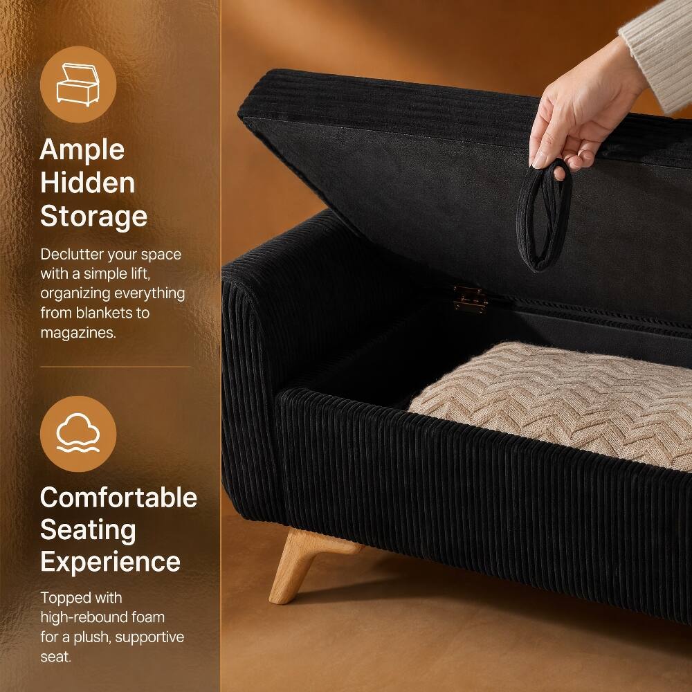 Ample Hidden Storage  
Declutter your space with a simple lift, organizing everything from blankets to magazines.  

Comfortable Seating Experience  
Topped with high-rebound foam for a plush, supportive seat.