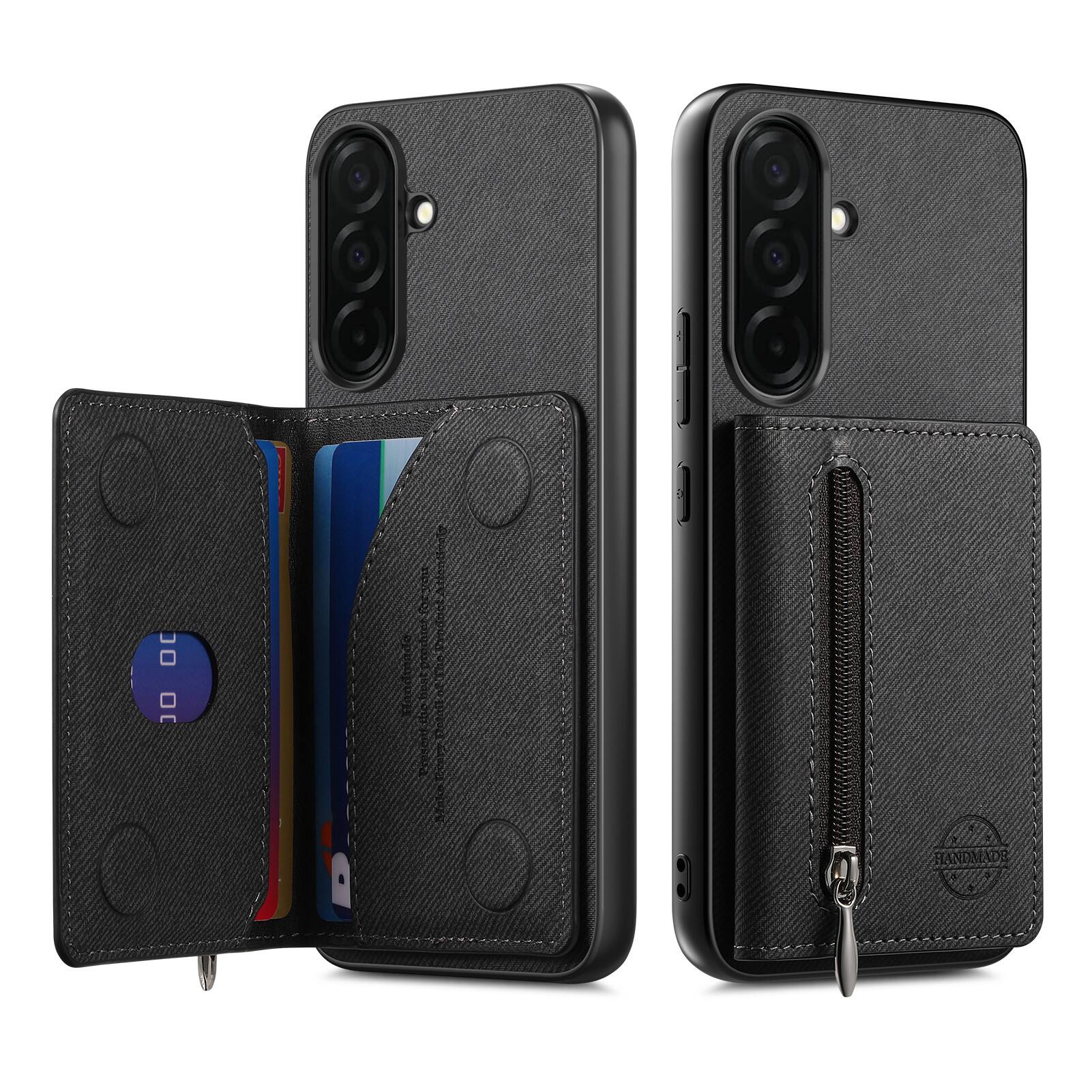 Angle. Dteck - Zipper Pocket Wallet Case for Samsung Galaxy S26+, PU Leather Shockproof Stand Protective Cover with Magnetic Closure - Black.