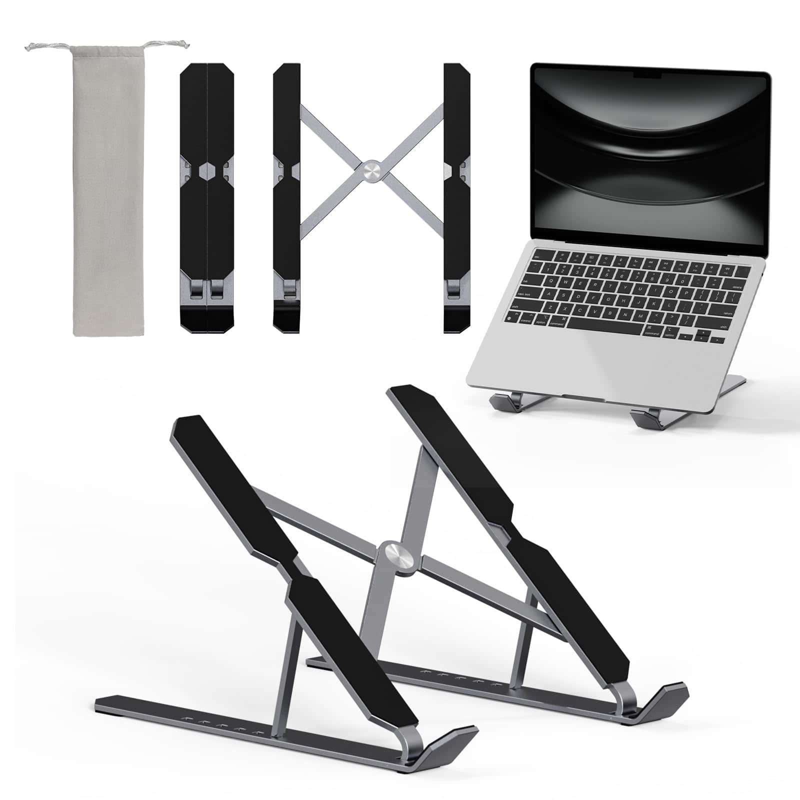 HongFei - Portable Laptop Stand, 6-Level Adjustable & Foldable for Desk, Magnetic Storage, Non-Slip Pads, Ventilated Design - silver-gray