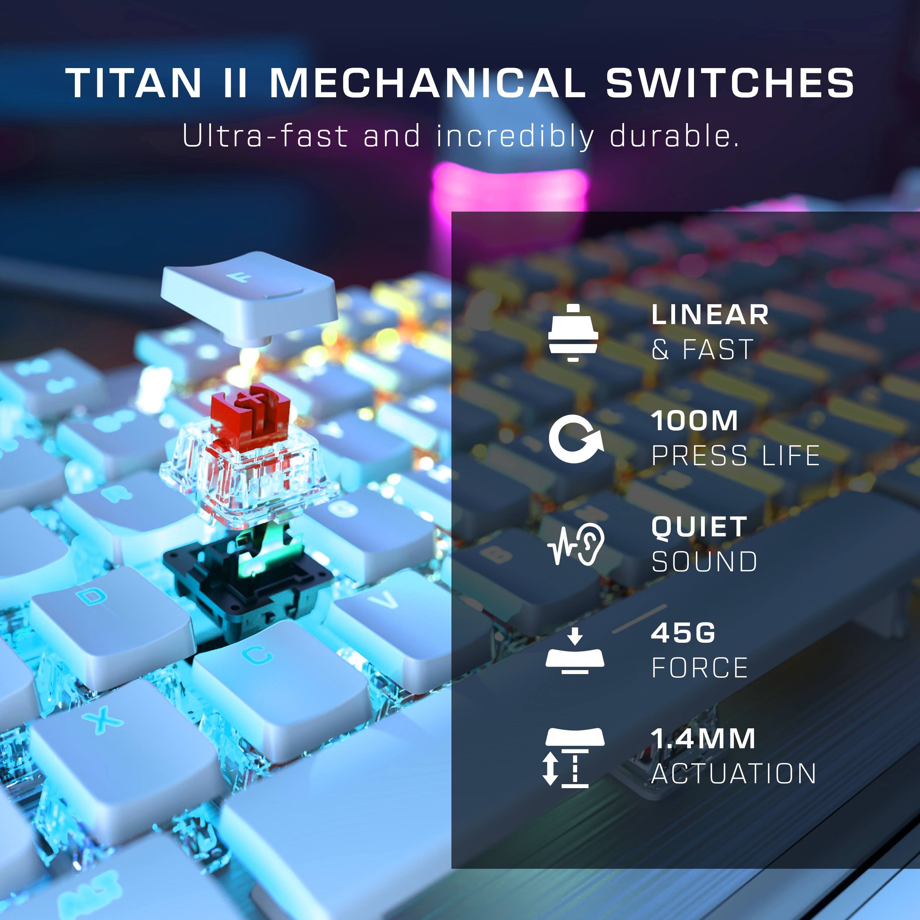 Titan II Mechanical Switches: Ultra-fast and incredibly durable. Featuring Linear & Fast 100M Press Life, Quiet Sound, 45G Force, and 1.4MM Actuation.