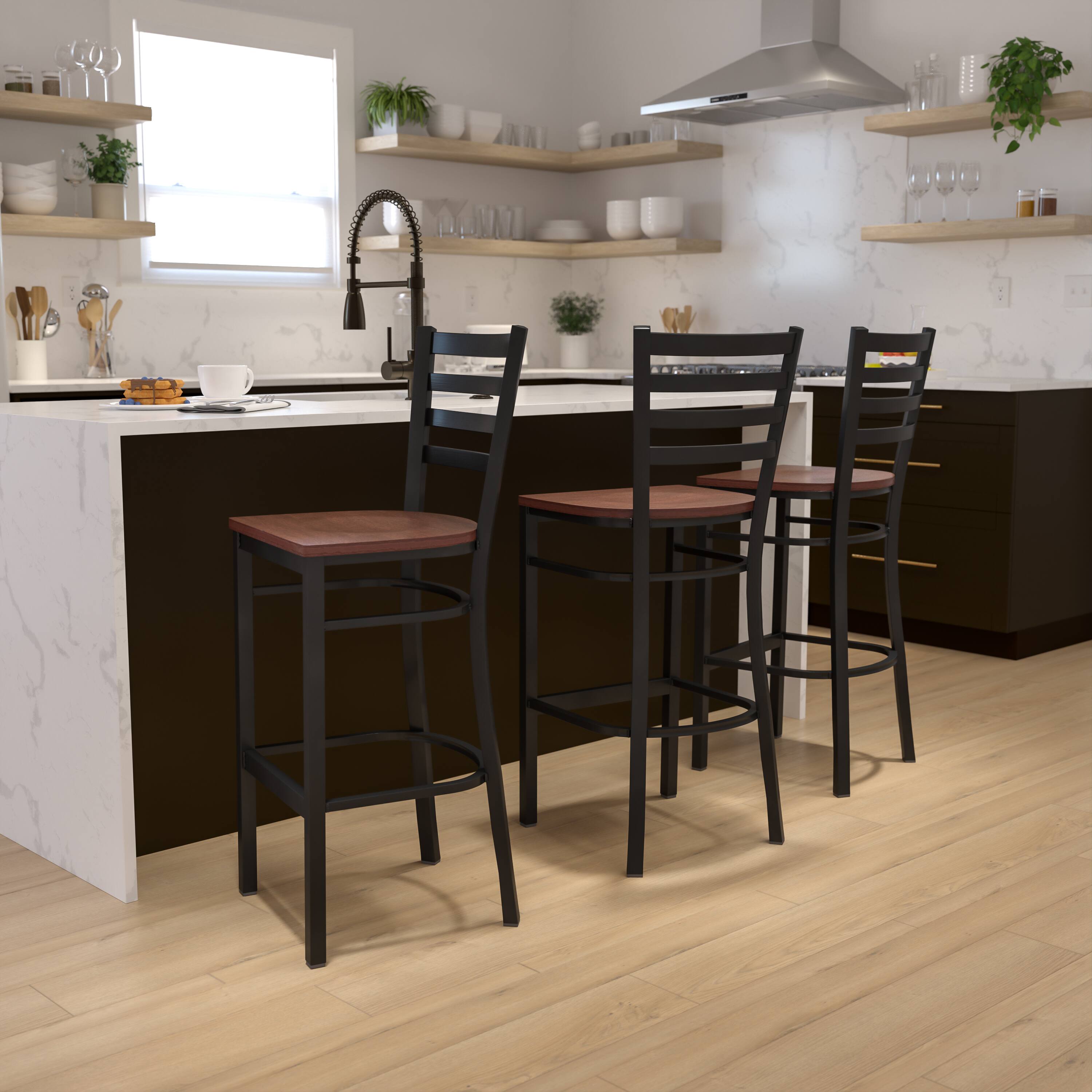 Alt View 1. Emma + Oliver - Ladder Back Metal Restaurant Dining Barstool - Cherry Wood Seat/Black Metal Frame.