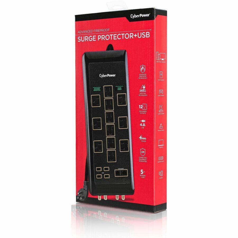 CyberPower  
ADVANCED FIREPROOF SURGE PROTECTOR+USB  
CyberPower  
ADVANCED FIREPROOF TECHNOLOGY  
SAFE  
SAFE-FAR TECHNOLOGY  
12 GROUNDED OUTLETS  
4.8  
USA  
3480 JOULAS  
SIM  
CONNECTED GUARANTEE  
NETWORK  
5 BRAIDED CORD