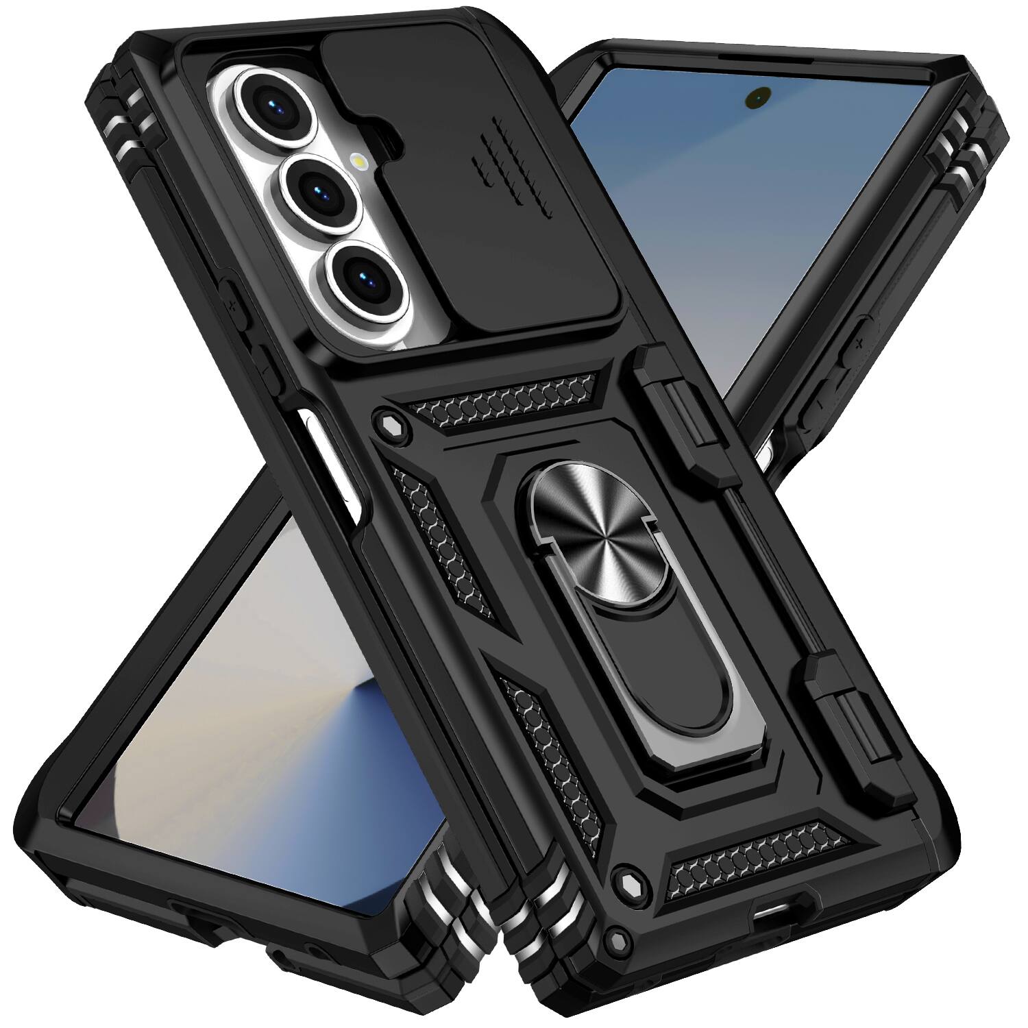 Angle. Dteck - For Samsung Galaxy Z Fold 7 Heavy Duty Rugged Case Sliding Lens Cover Ring Kickstand Hinge Protection Cover Pen Hoder - Black.