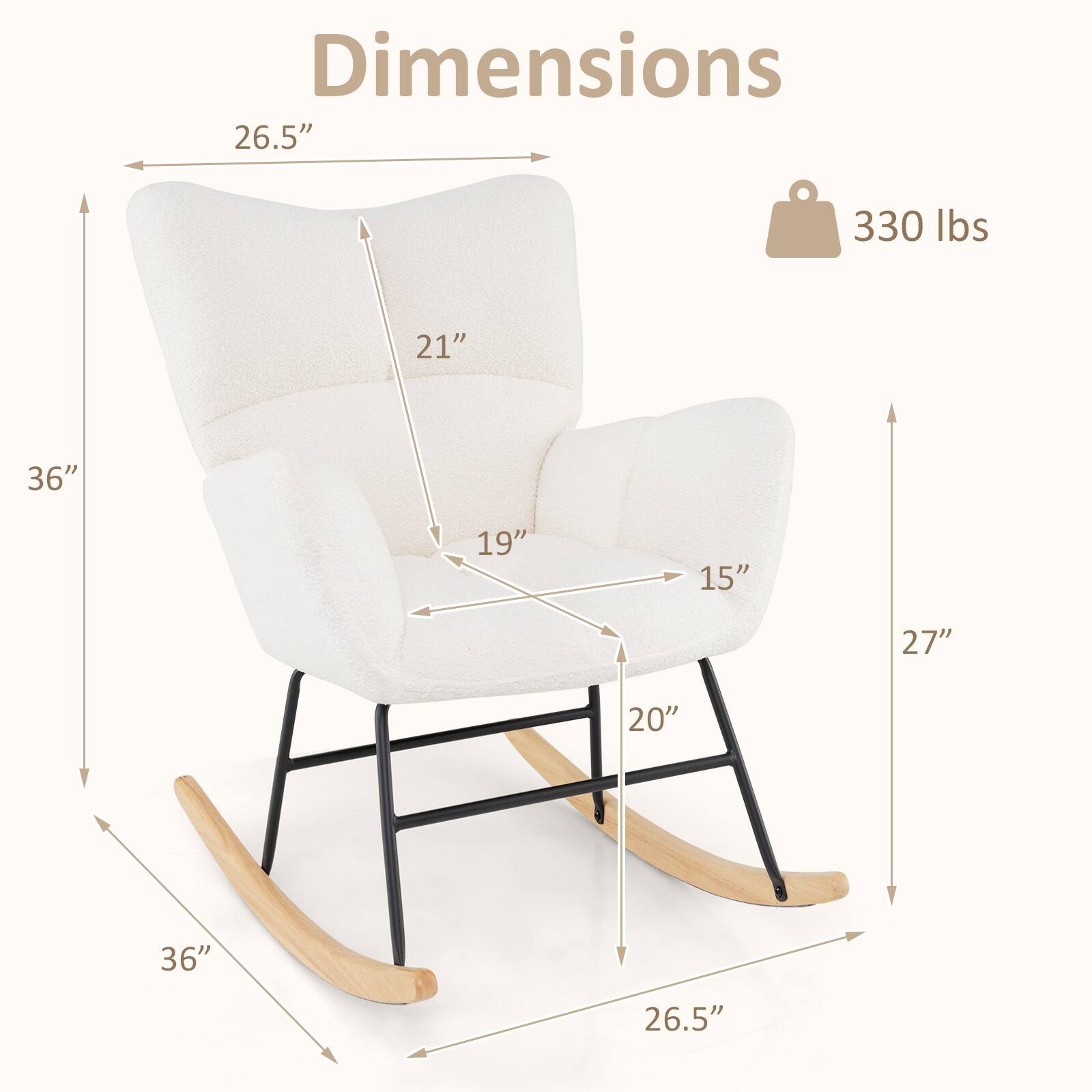 Dimensions:  
- 26.5"  
- 330 lbs  
- 21"  
- 36"  
- 19"  
- 15"  
- 27"  
- 20"  
- 36"  
- 26.5"