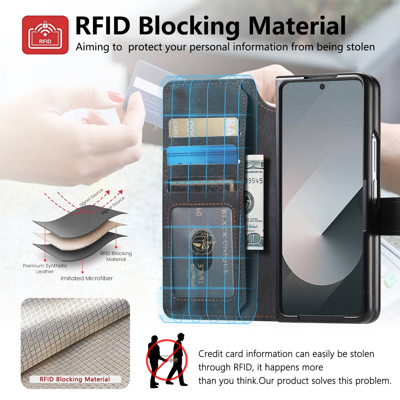 RFID Blocking Material

Aiming to protect your personal information from being stolen

Premium Synthetic Leather
Imitated Microfiber

Credit card information can easily be stolen through RFID, it happens more than you think. Our product solves this problem.