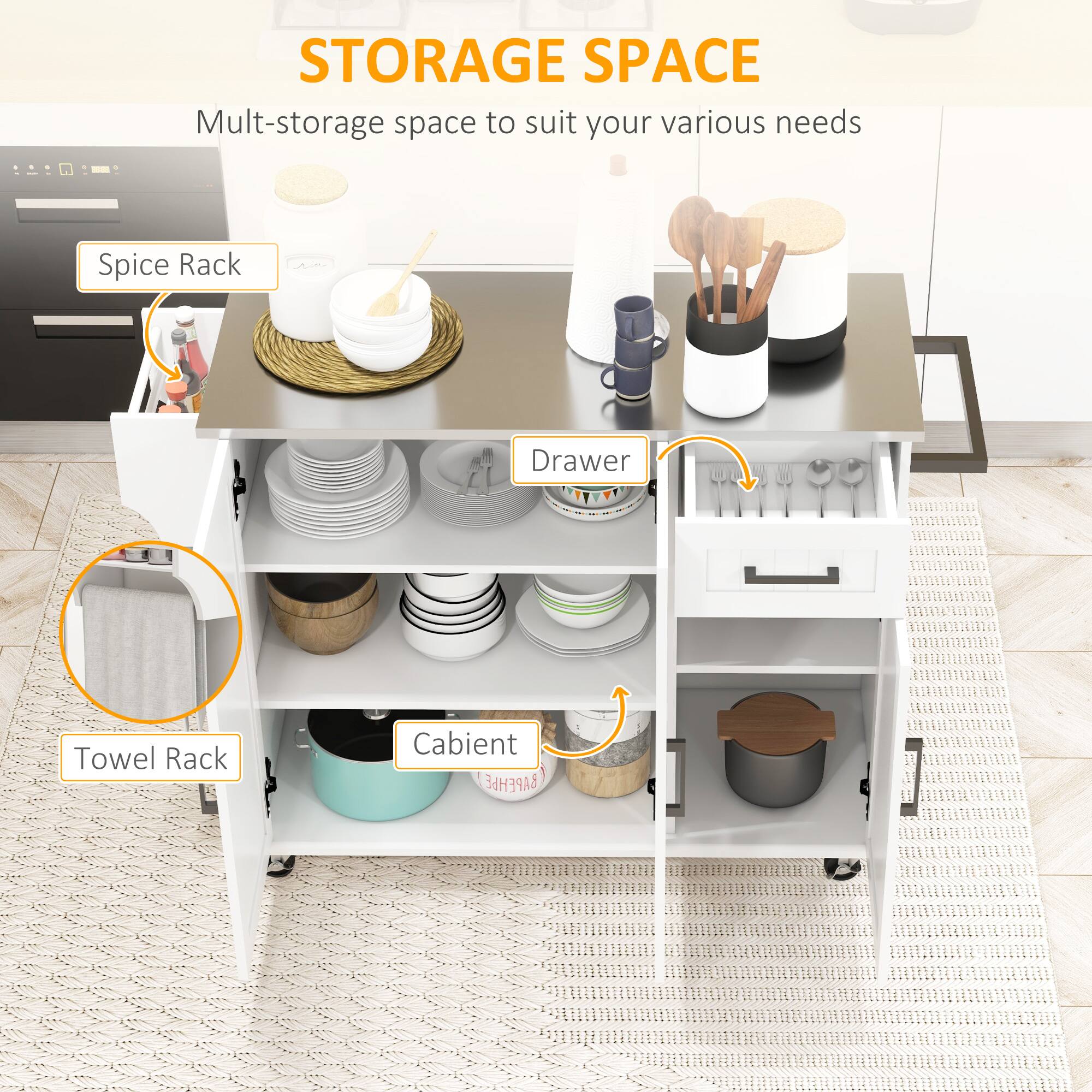 STORAGE SPACE Mult-storage space to suit your various needs Spice Rack Drawer Towel Rack Cabinet