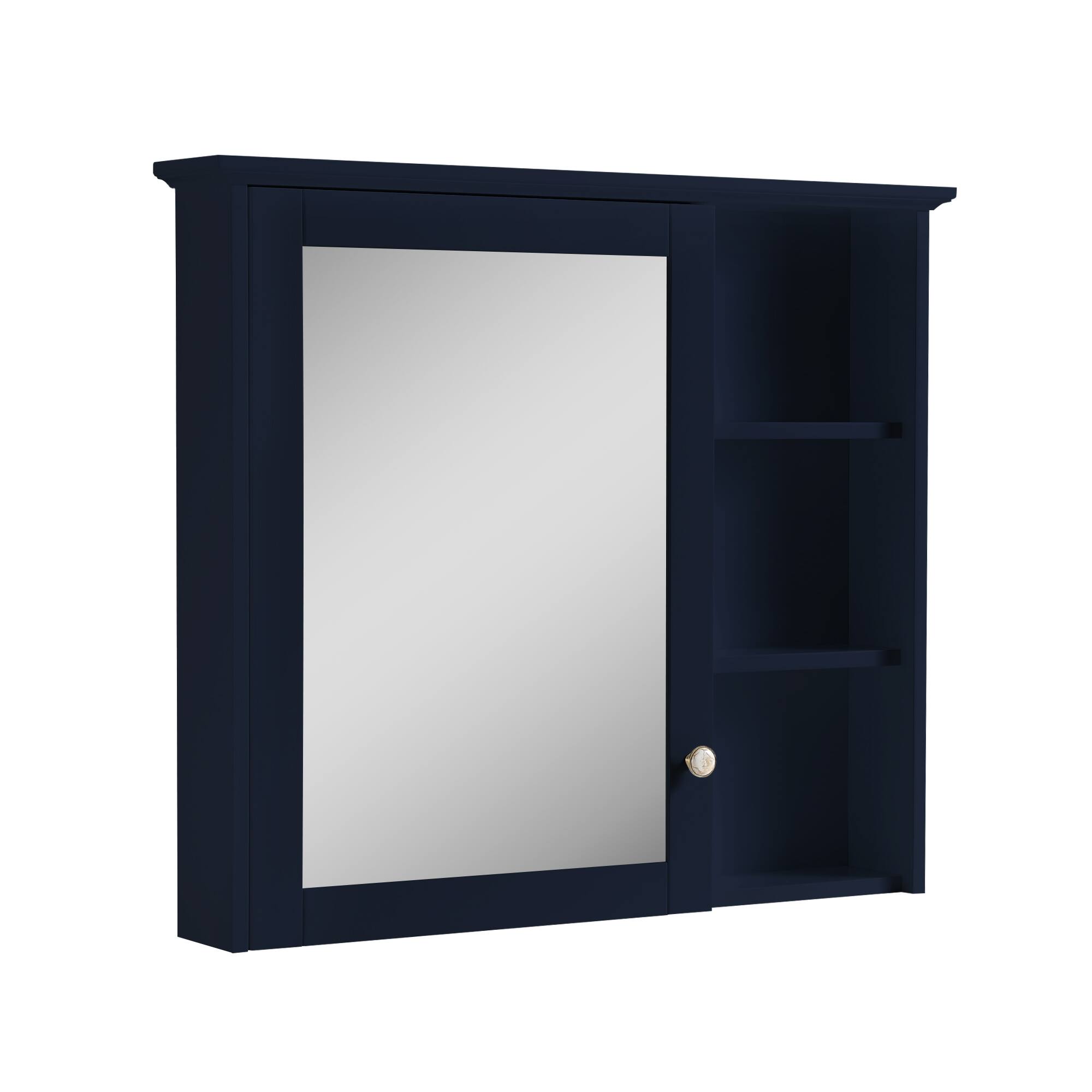 Back. WELLFOR - 34 in. W x 30 in. H Rectangular Solid Wood Frame Surface Mount Medicine Cabinet with Mirror and Soft Close Door - Navy Blue.