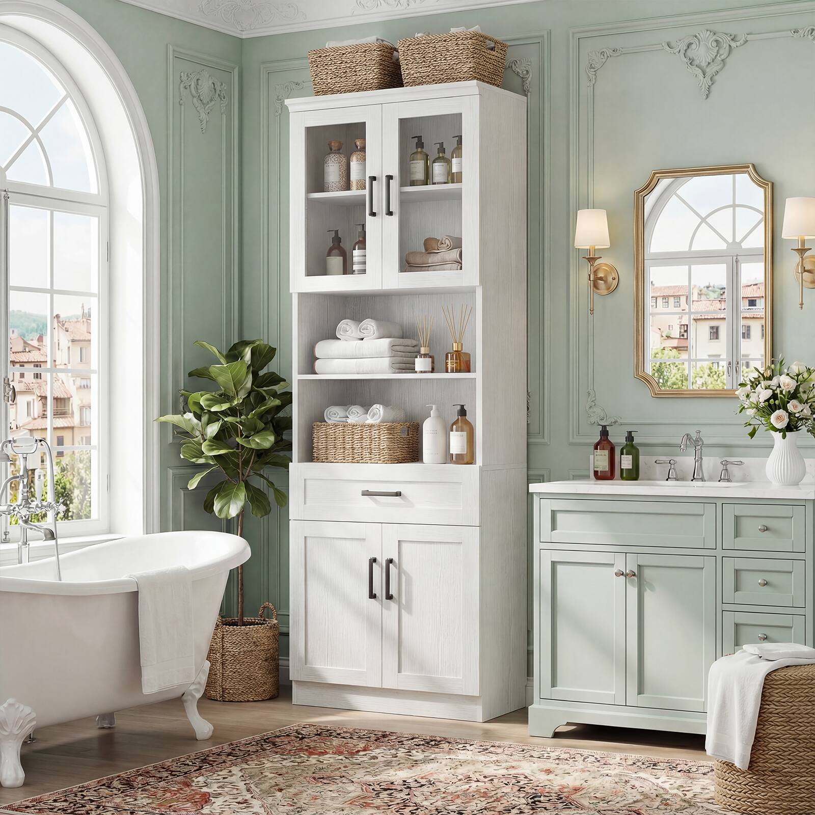 Alt View 2. Aheaplus - 79.7" Tall Kitchen Pantry Storage Cabinet, Kitchen Hutch Cabinet with Glass Door, Adjustable Shelves and Drawer - White.
