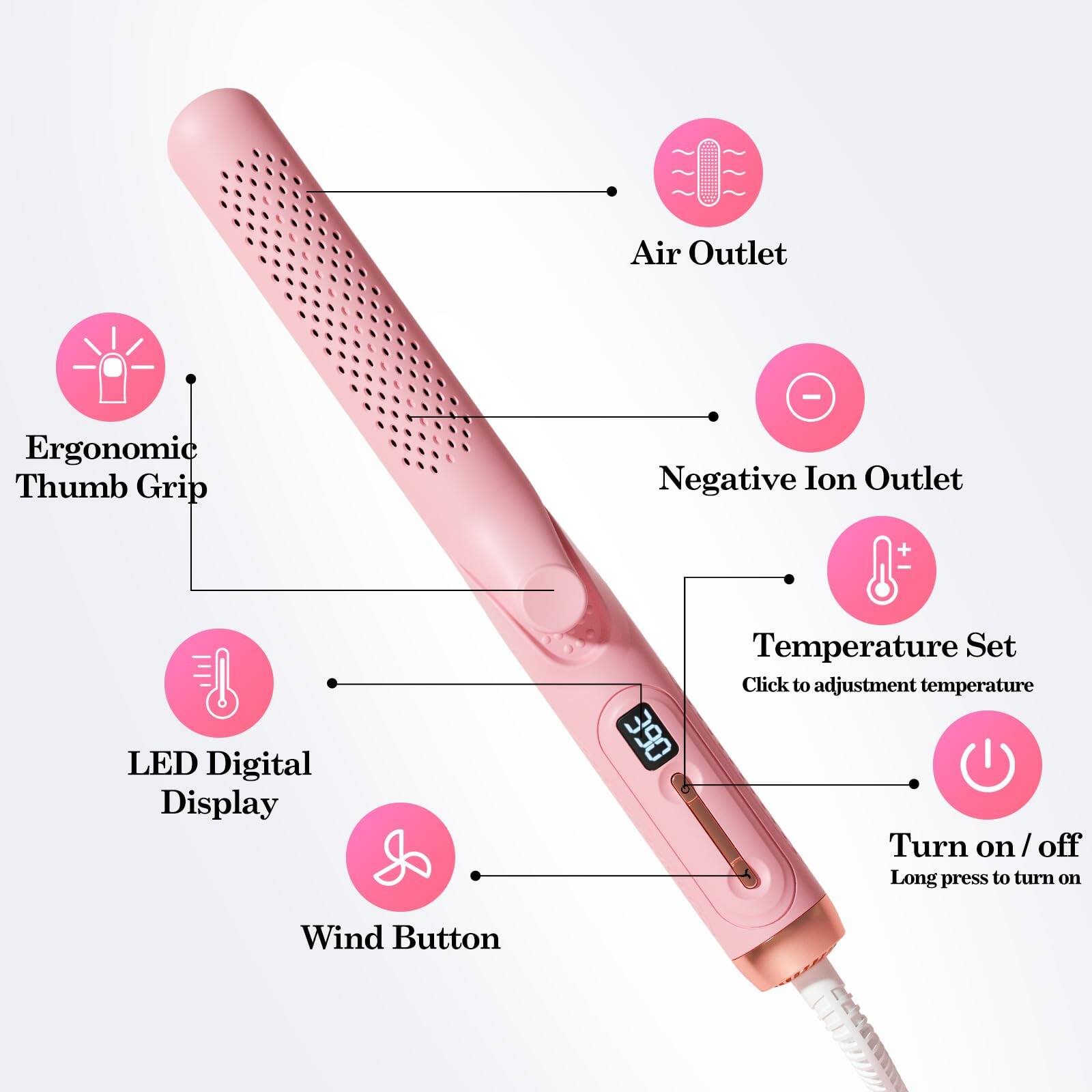 - Air Outlet
- Ergonomic Thumb Grip
- Negative Ion Outlet
- LED Digital Display
- Temperature Set (Click to adjustment temperature)
- Turn on / off (Long press to turn on)
- Wind Button