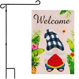 G128 - Deluxe Garden Flag Set — 36 x 16 in Stand with 12 x 18 in Double-Sided Welcome Gnome Summer Flag - Assorted Colors