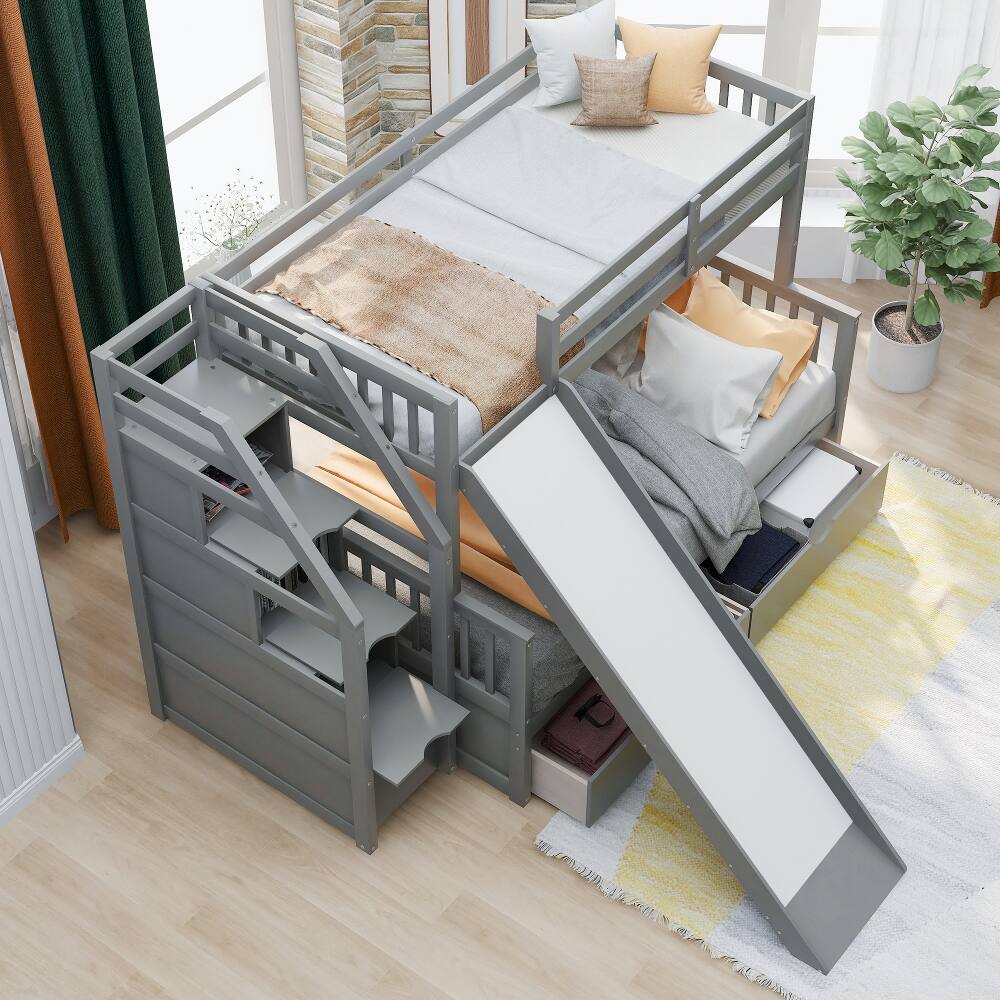 Back. Loheer - Loheer Twin Over Full Bunk Bed with Slide and Storage Drawers Gray - Gray.