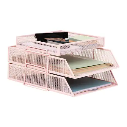 Front. Mind Reader - 2 Tier Paper Tray with Top Supply Compartment, Desktop File Organizer, Metal Mesh - Pink.
