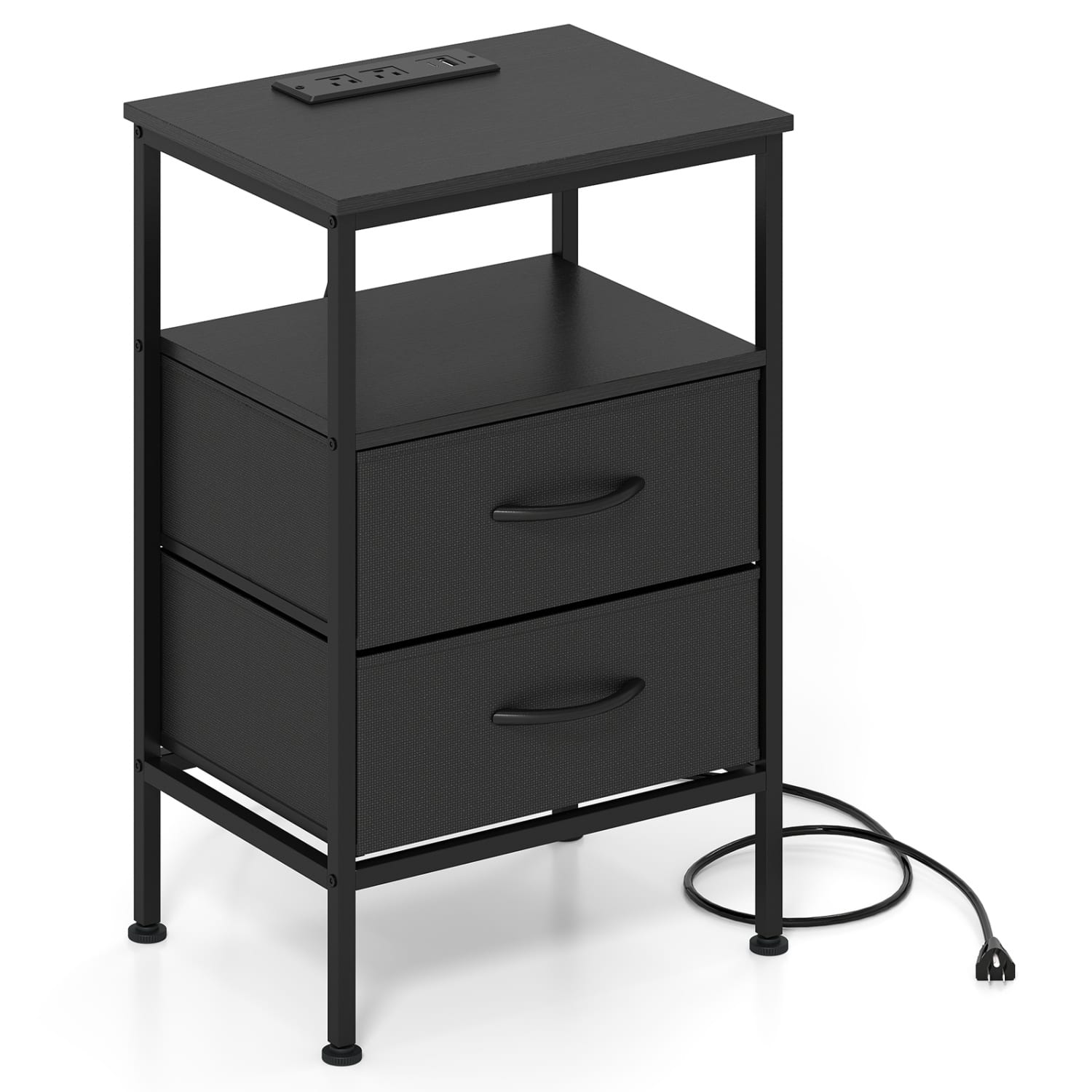 WELLFOR - 24.5" Modern Nightstand with Charging Station and 2 Fabric Drawers - Black