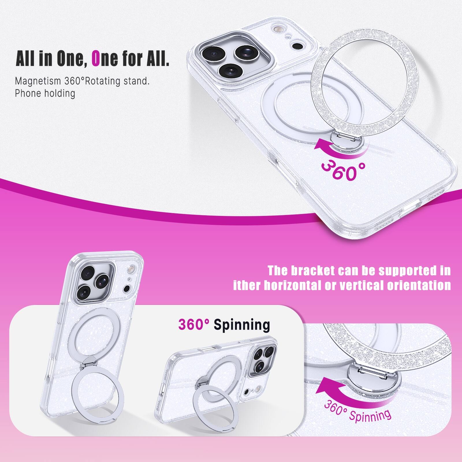 All in One, One for All.  
Magnetism 360° Rotating stand.  
Phone holding  

The bracket can be supported in either horizontal or vertical orientation  

360° Spinning  
360° Spinning