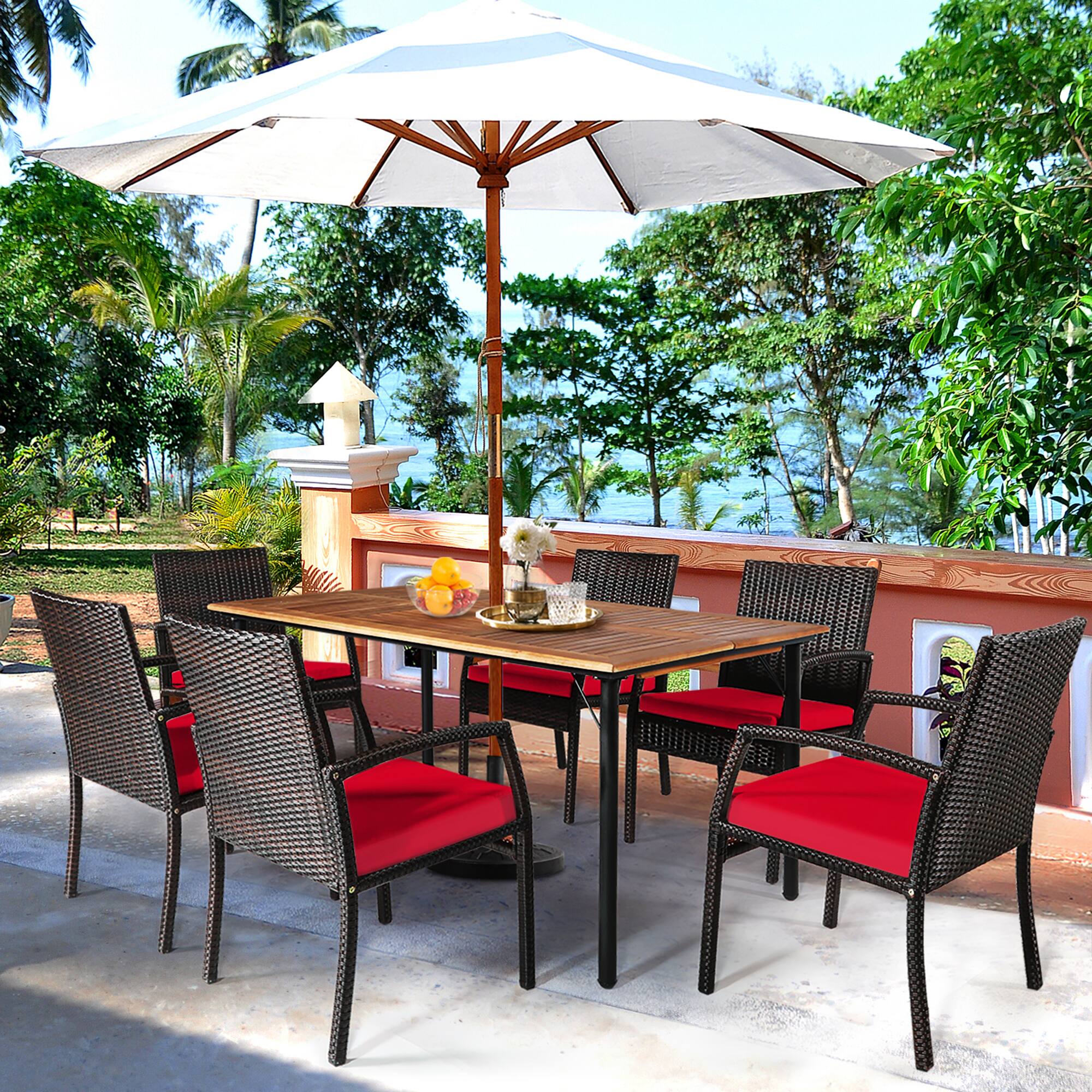 Alt View 3. Gymax - Gymax 7PCS Patio Dining Furniture Set Yard w/ Wooden Tabletop Red Cushions - Red.