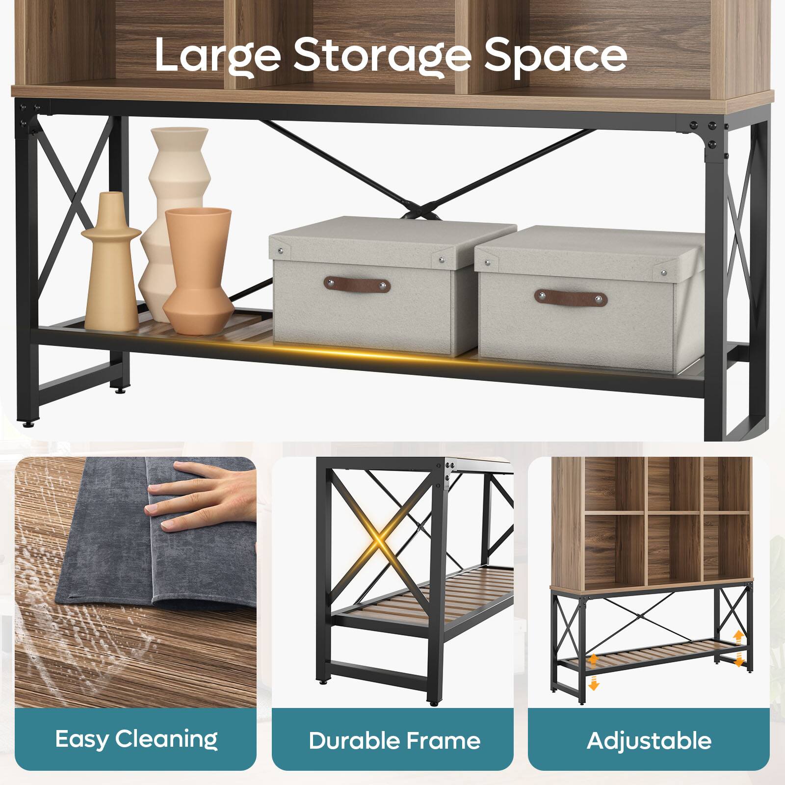 Large Storage Space, Easy Cleaning, Durable Frame, Adjustable