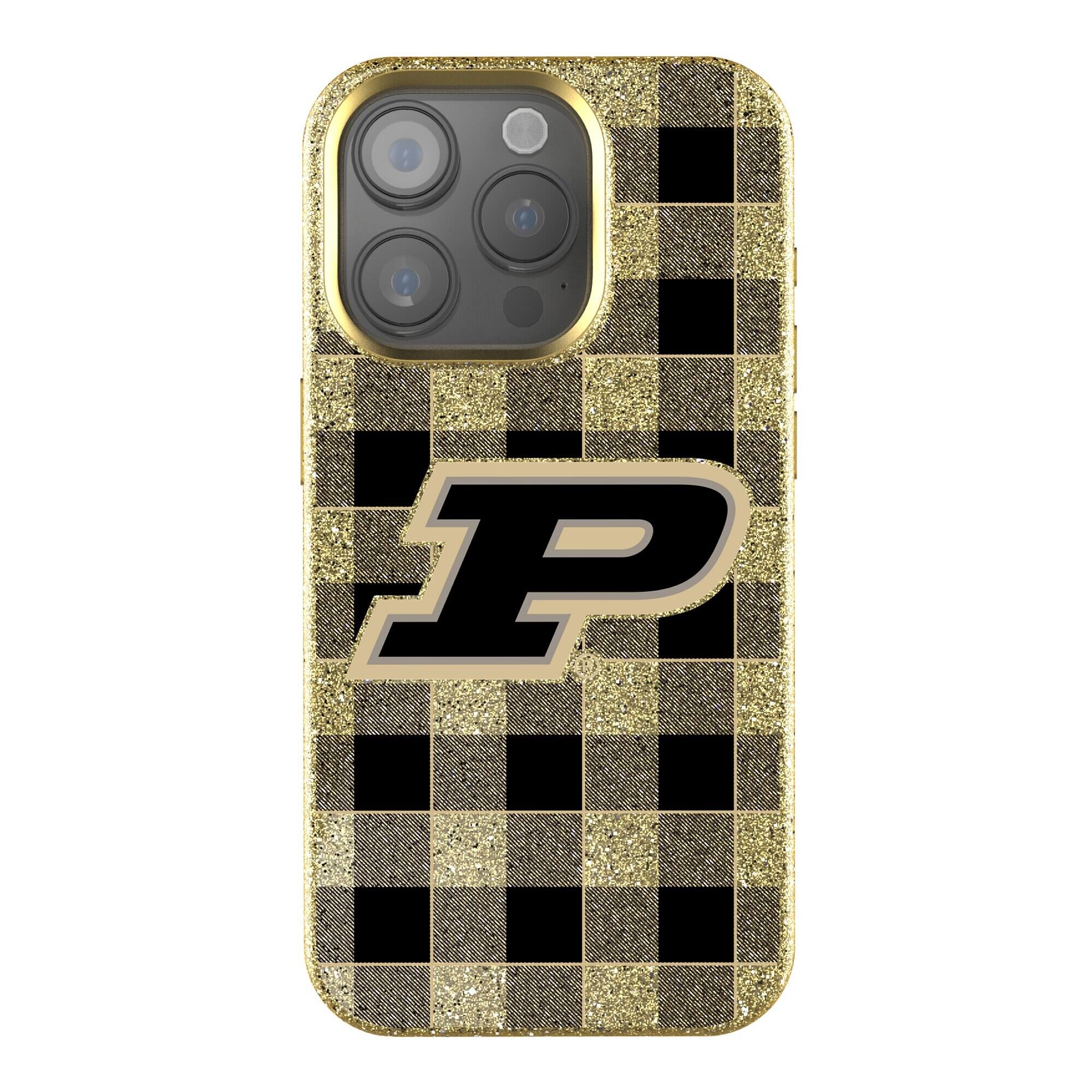 Front. Keyscaper - Purdue Boilermakers Plaid Bling iPhone Case - 16 Pro - Gold.