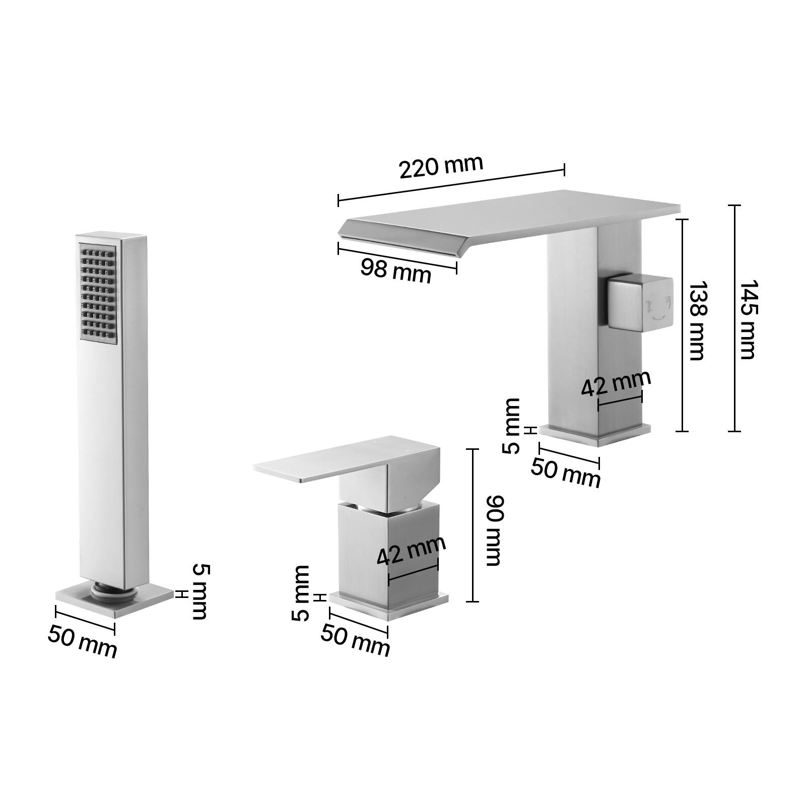 - 220 mm
- 98 mm
- 42 mm
- 50 mm
- 5 mm
- 138 mm
- 145 mm
- 90 mm