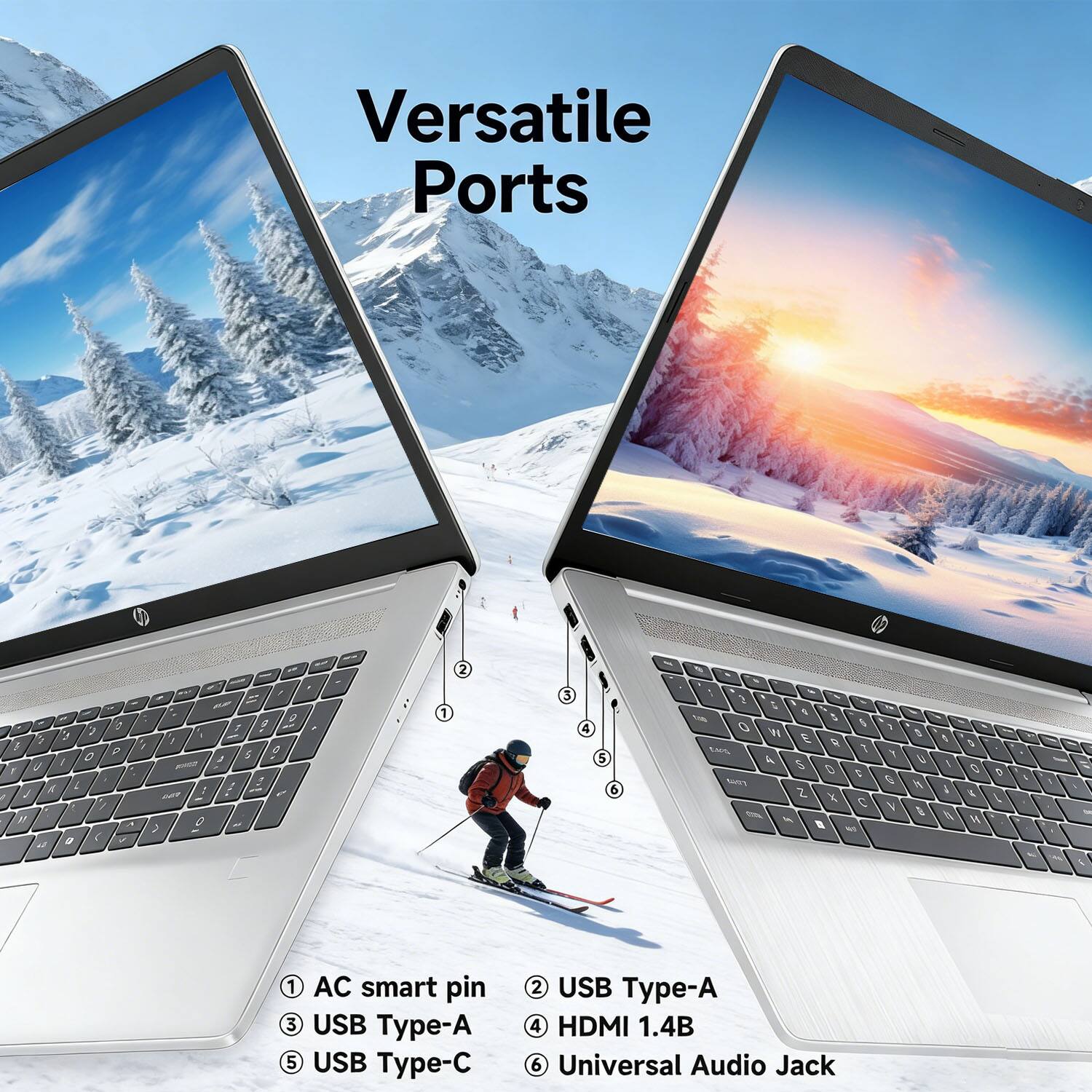 Versatile Ports

1. AC smart pin
2. USB Type-A
3. USB Type-C
4. HDMI 1.4B
5. Universal Audio Jack