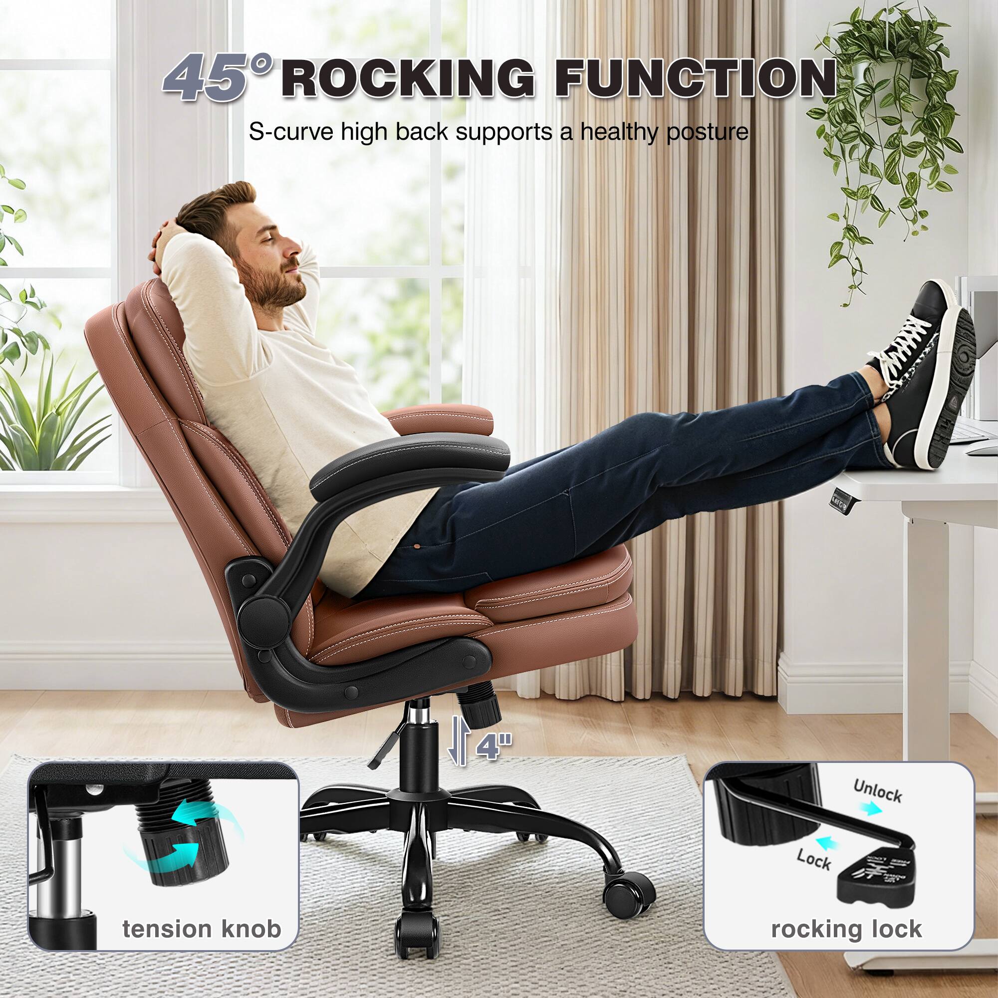 45° ROCKING FUNCTION  
S-curve high back supports a healthy posture  

1 14" 4"  
Unlock Lock tension knob rocking lock